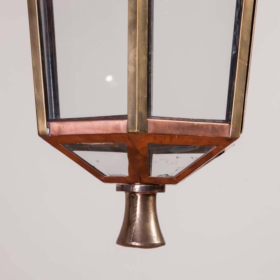 Copper and Brass Hexagonal Hall Lantern In Good Condition For Sale In London, GB