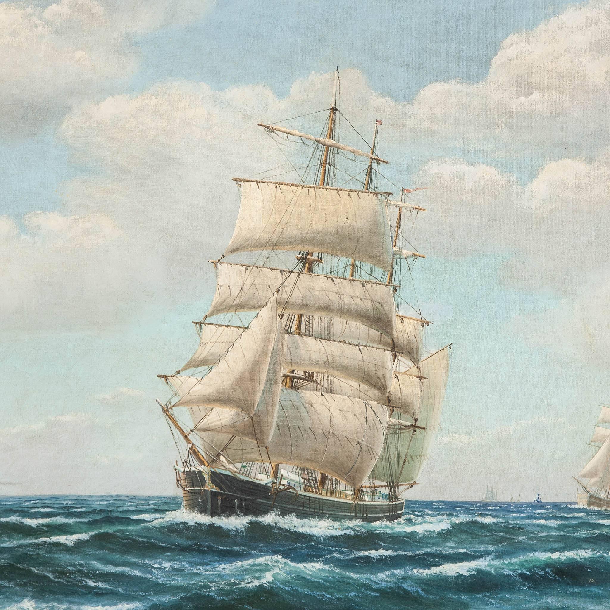 A mid-1920s framed oil on canvas of two ships at sail by the Danish marine artist Frederik Ernlund (1879-1957).

Signed in bottom right corner: Fr Ernlund.
 