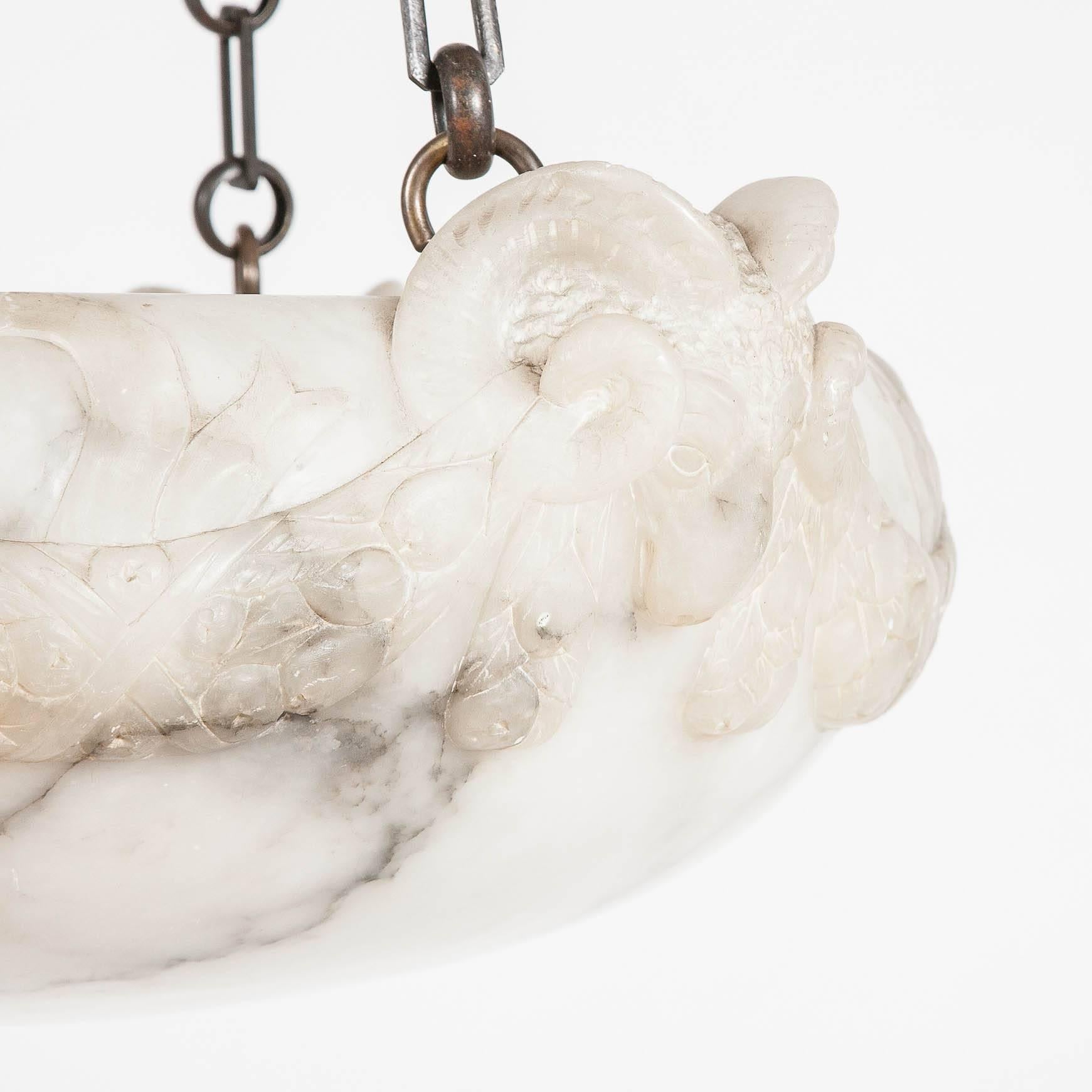Swedish Alabaster Hanging Light with Carved Rams Head and Floral Decoration
