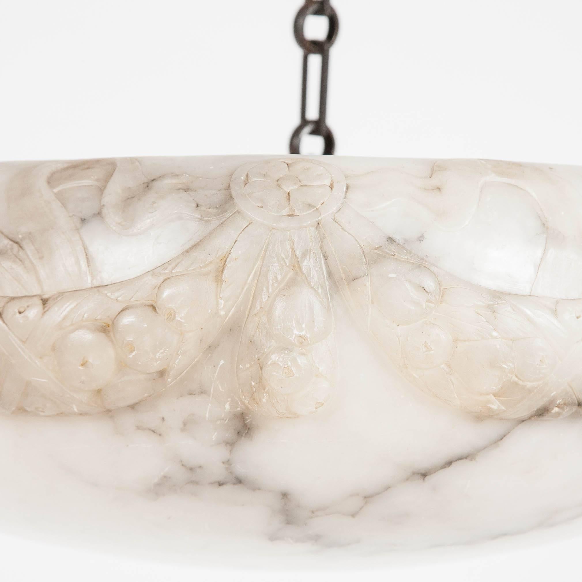Alabaster Hanging Light with Carved Rams Head and Floral Decoration In Good Condition In London, GB