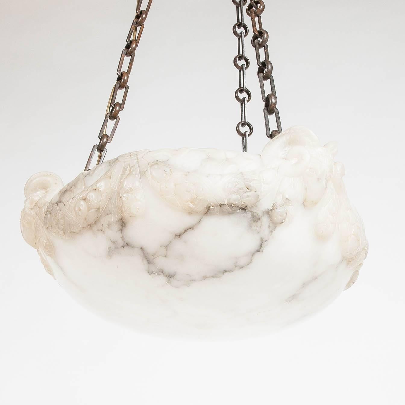 Alabaster Hanging Light with Carved Rams Head and Floral Decoration 2