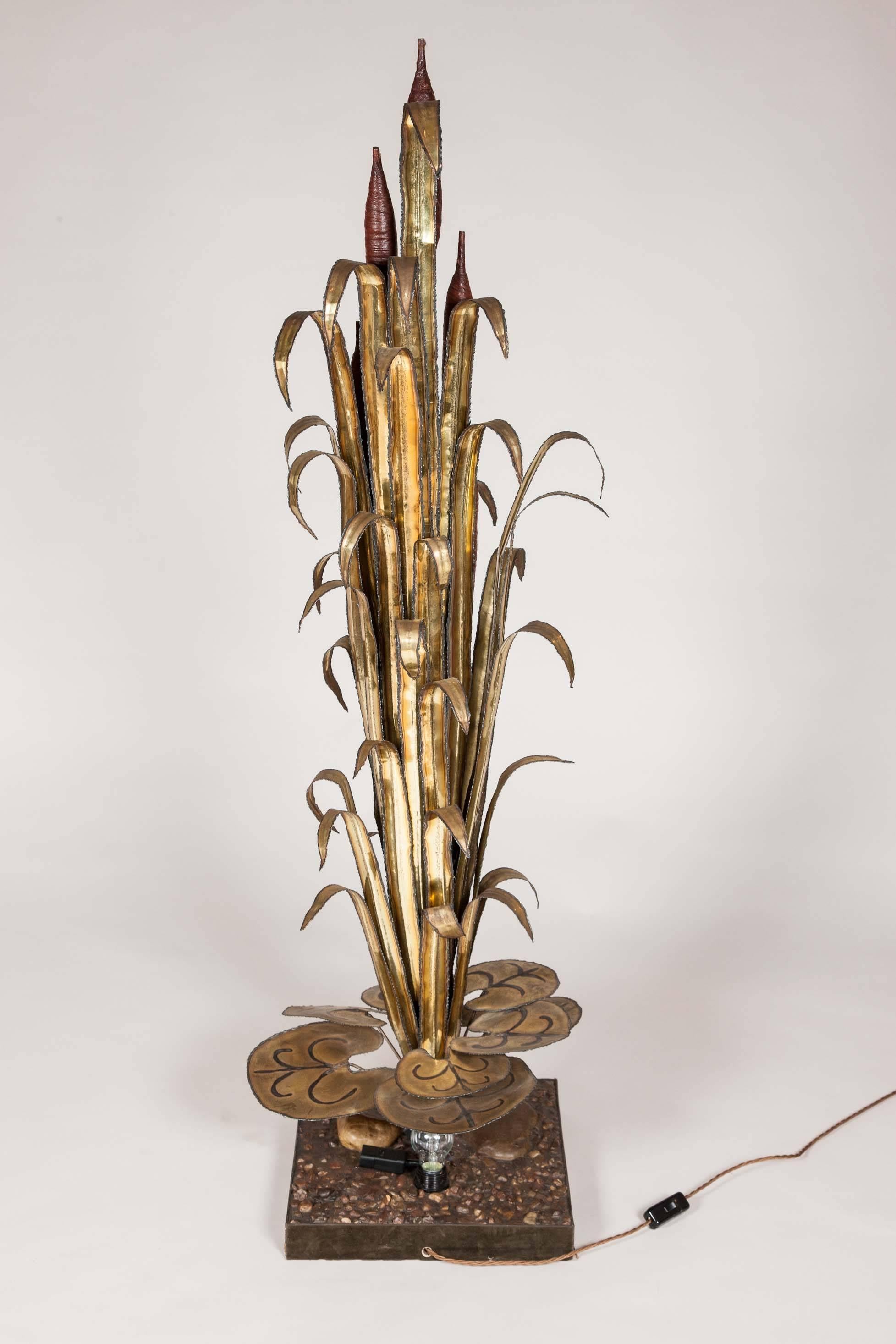Brass Cattail and Waterlilies Lamp