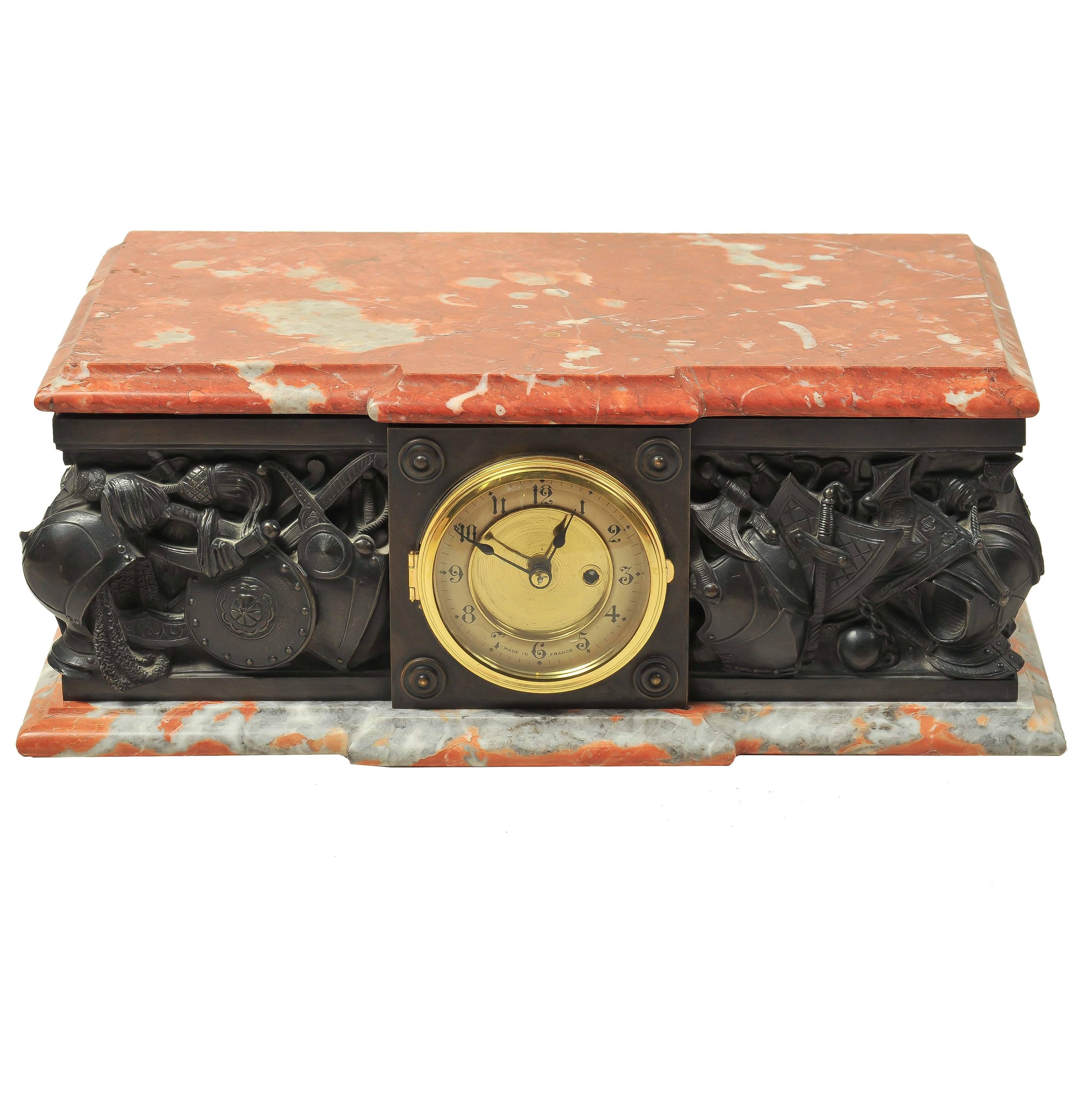 Bronze and Marble Plinth Clock, Depicting Medieval Arms and Armour