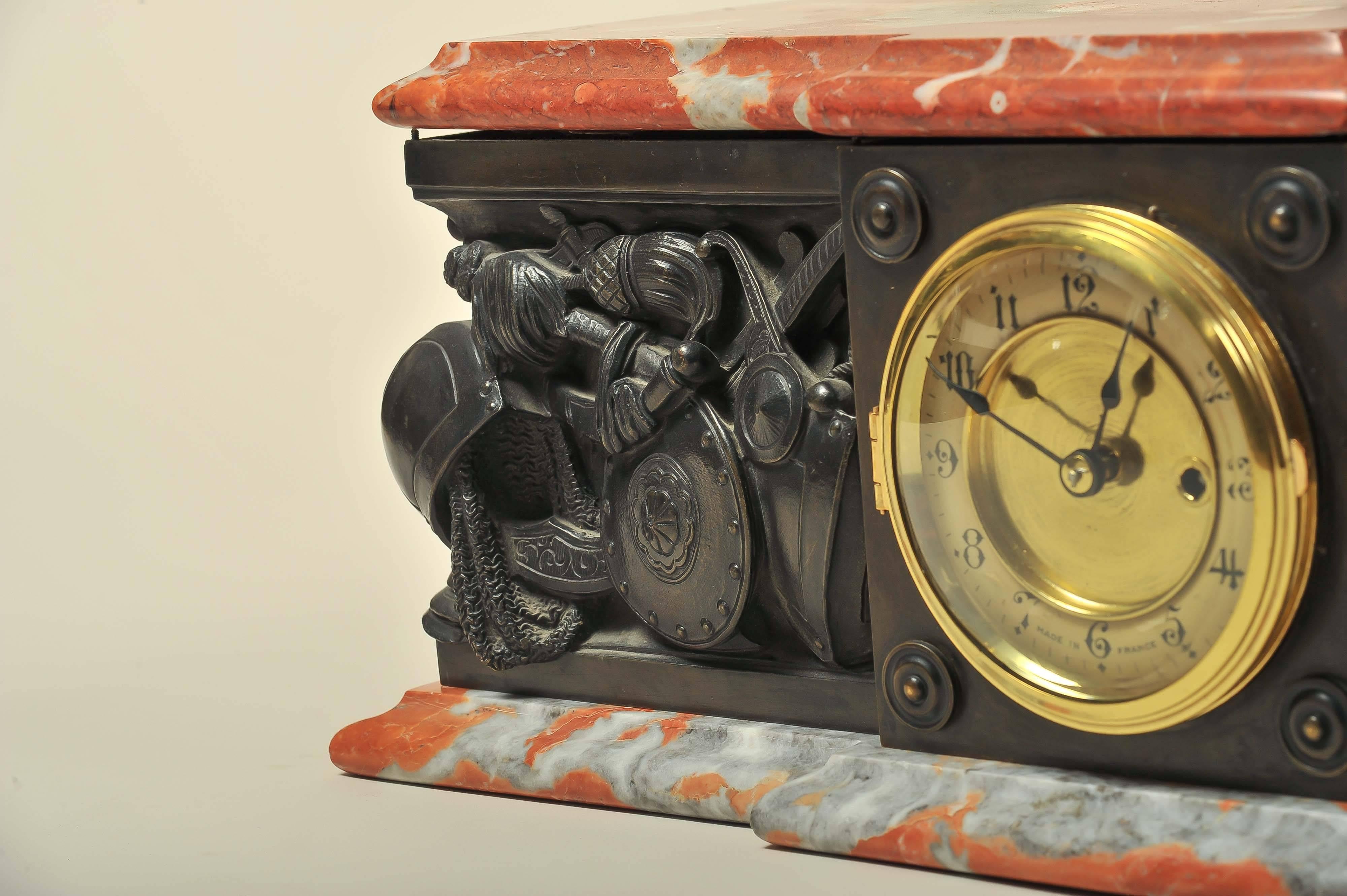 20th Century Bronze and Marble Plinth Clock, Depicting Medieval Arms and Armour