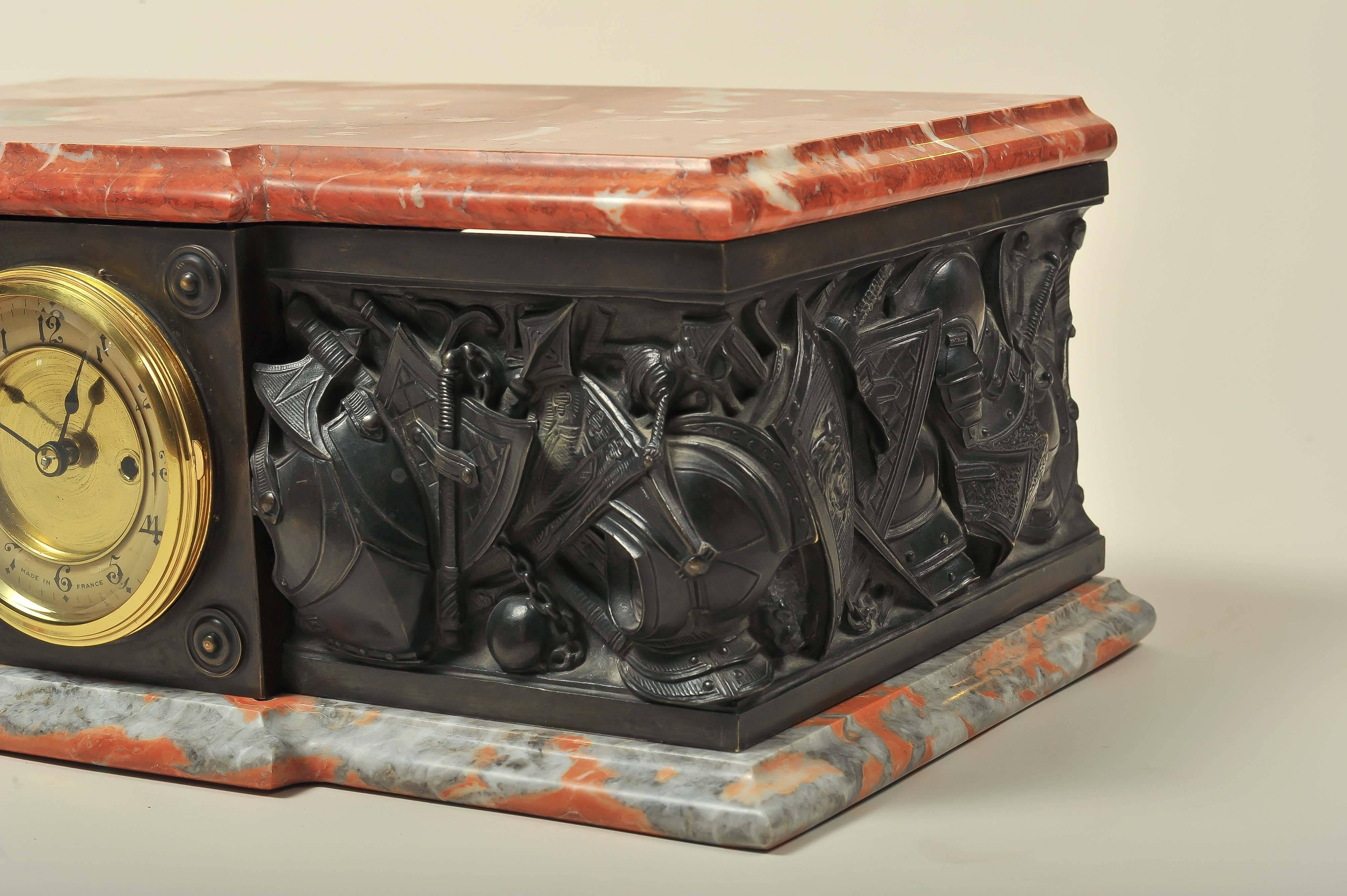 Bronze and Marble Plinth Clock, Depicting Medieval Arms and Armour 1