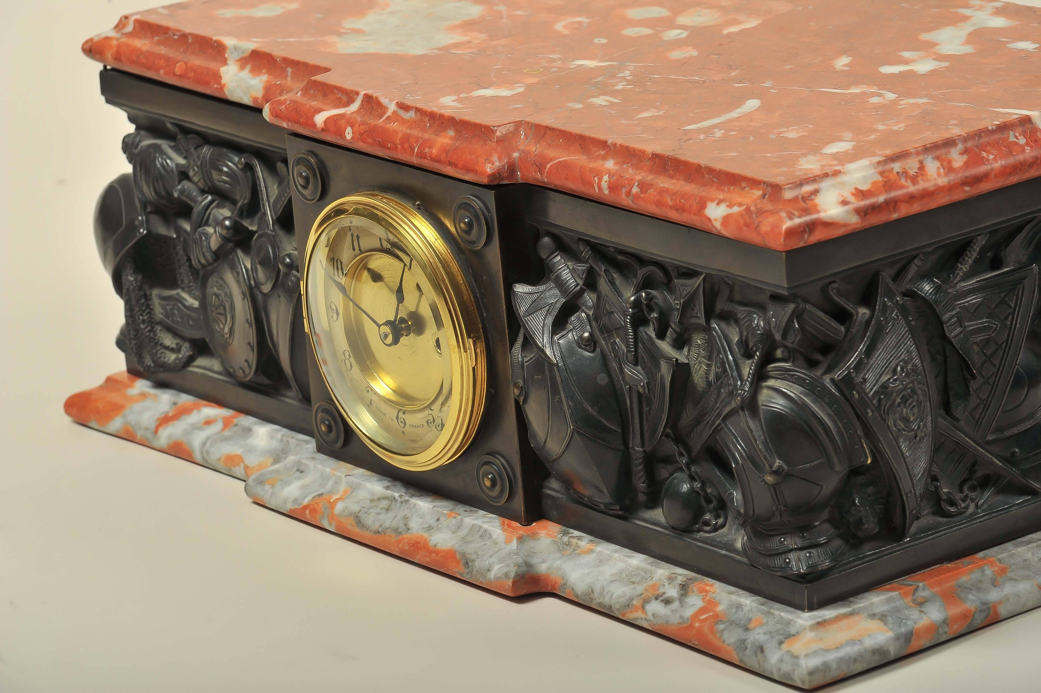 Bronze and Marble Plinth Clock, Depicting Medieval Arms and Armour 3