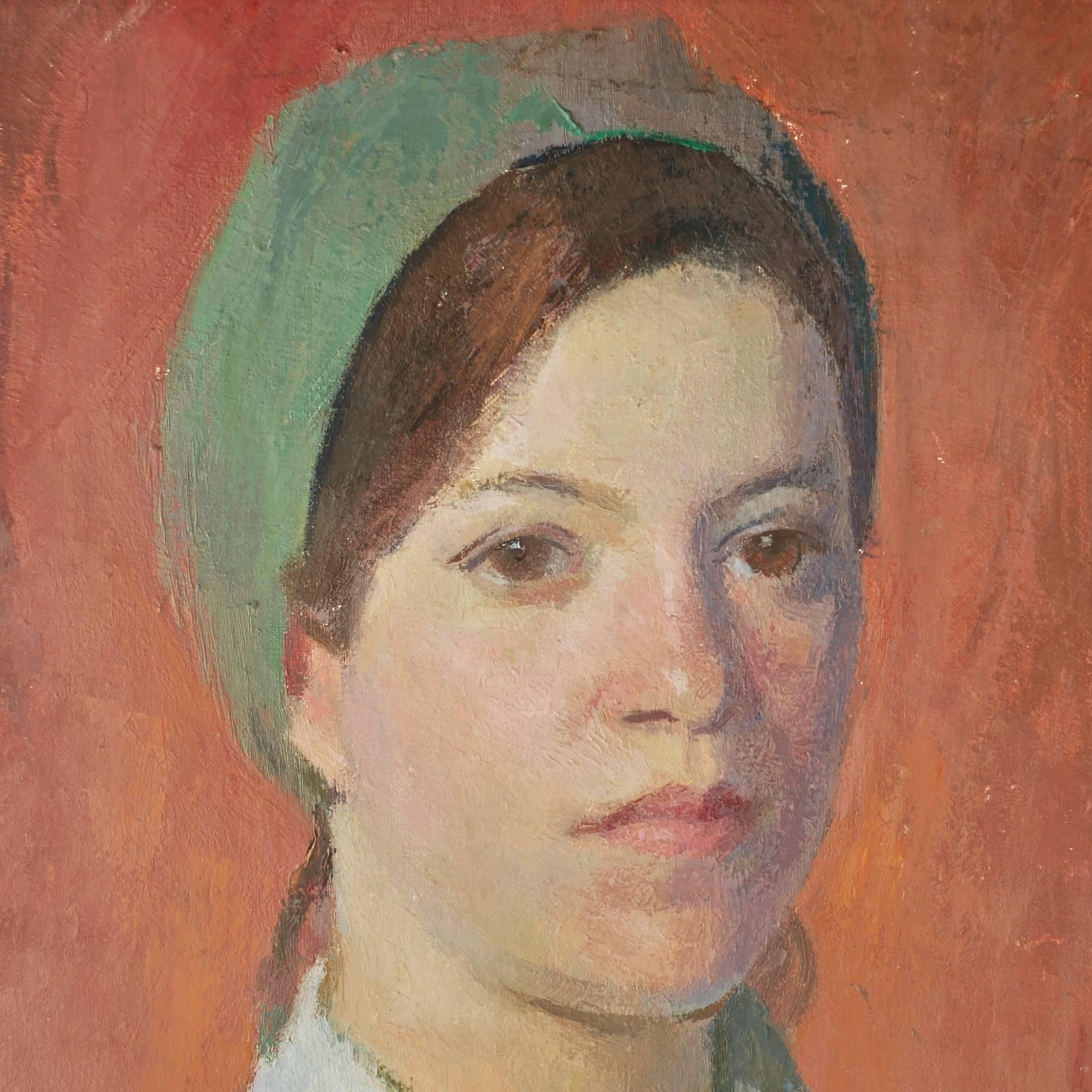 This oil on canvas portrait was executed by well listed artist Henry Hensche (1899-1992.) A gifted painter widely recognized as an unparalleled colorist, Hensche began his studies at the Art Institute of Chicago and moved to the famed Cape Cod