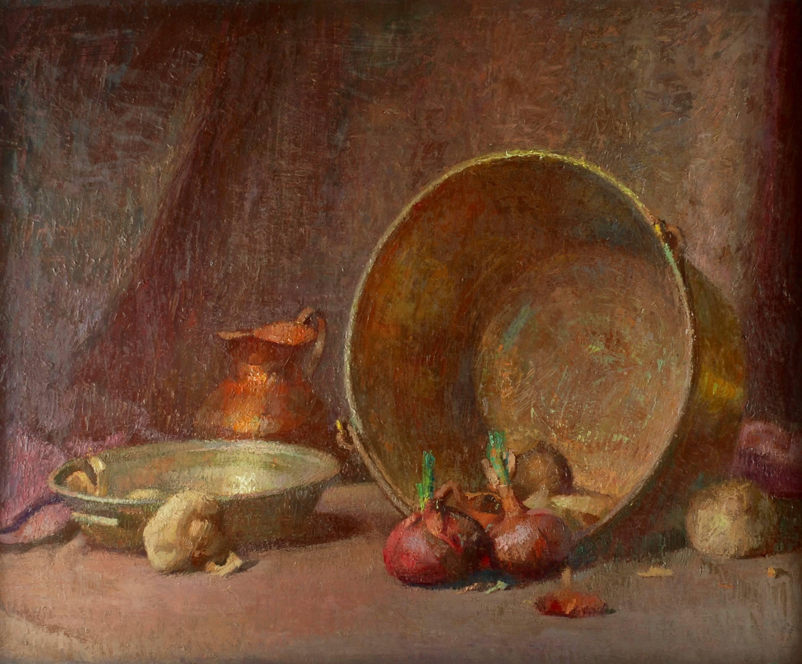 This striking still life was executed by well listed artist Henry Hensche (1899 - 1992). A gifted painter widely recognized as an unparalleled colorist, Hensche began his studies at the Art Institute of Chicago and moved to the famed Cape Cod School