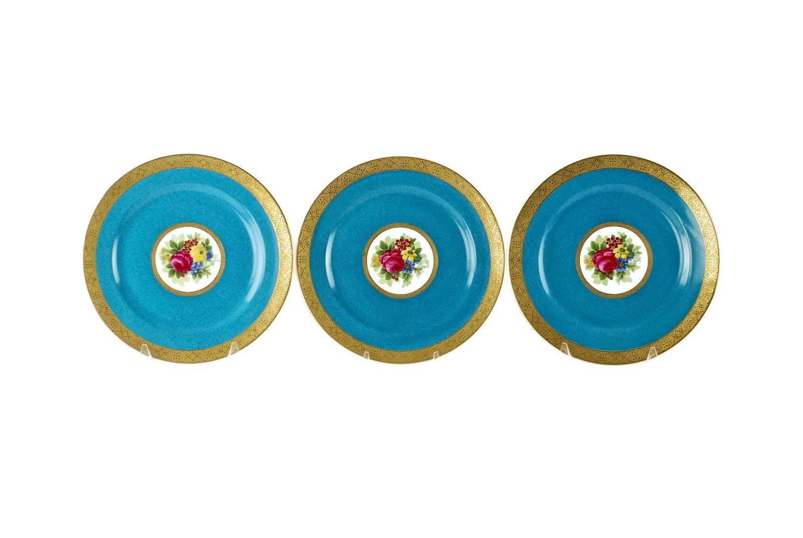 Late Victorian Charles Ahrenfeldt Limoges Gilt Encrusted Hand-Painted Cabinet Plates, Set of 12 For Sale