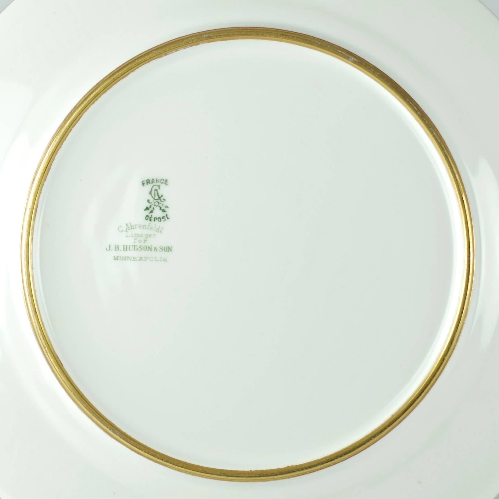 Porcelain Charles Ahrenfeldt Limoges Gilt Encrusted Hand-Painted Cabinet Plates, Set of 12 For Sale