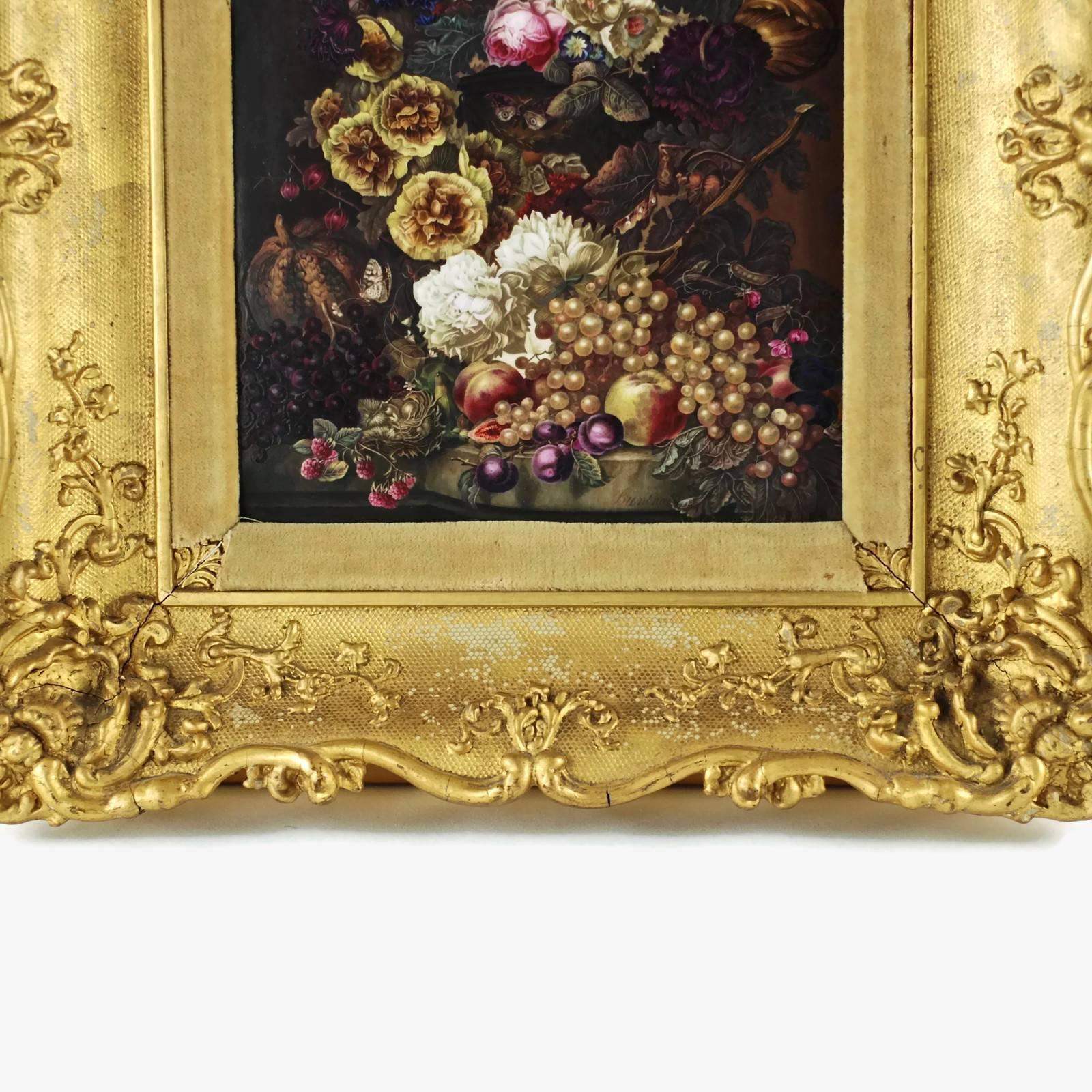 Thomas Brentnall Still Life with Fruit and Flowers in Carved Giltwood Frame In Good Condition In Cincinnati, OH