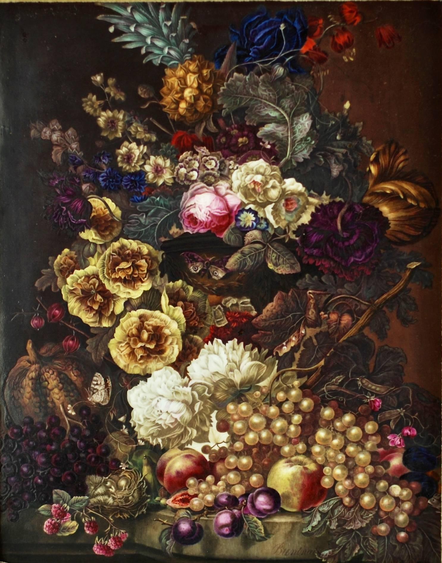 This exquisite still life was executed on porcelain by English painter Thomas Brentnall (1799-1869), noted flower artist for well-regarded porcelain factories Crown Derby and Coalport.

The botanical artwork has been meticulously hand-painted in
