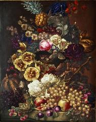 Thomas Brentnall Still Life with Fruit and Flowers in Carved Giltwood Frame