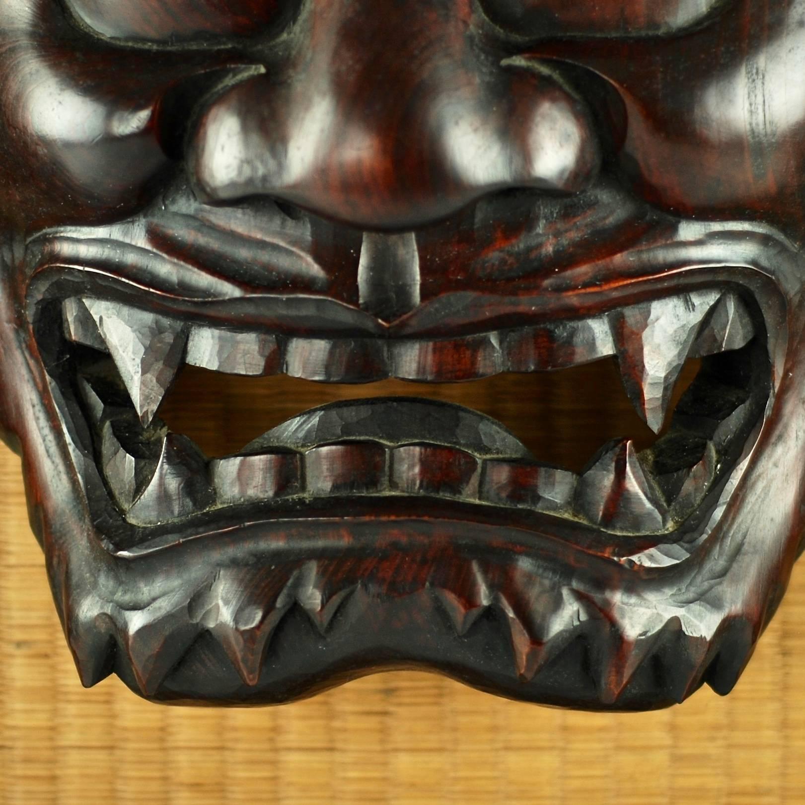 Edo Framed Japanese Carved Wood Noh Hannya Mask on Grasscloth 