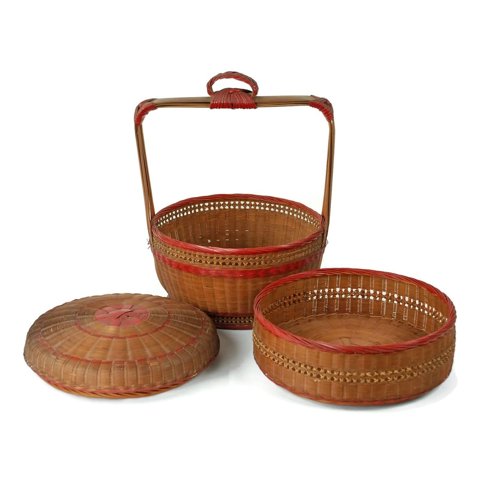 Pair of Early 20th Century Japanese Woven Bamboo Tiered Wedding Baskets 1