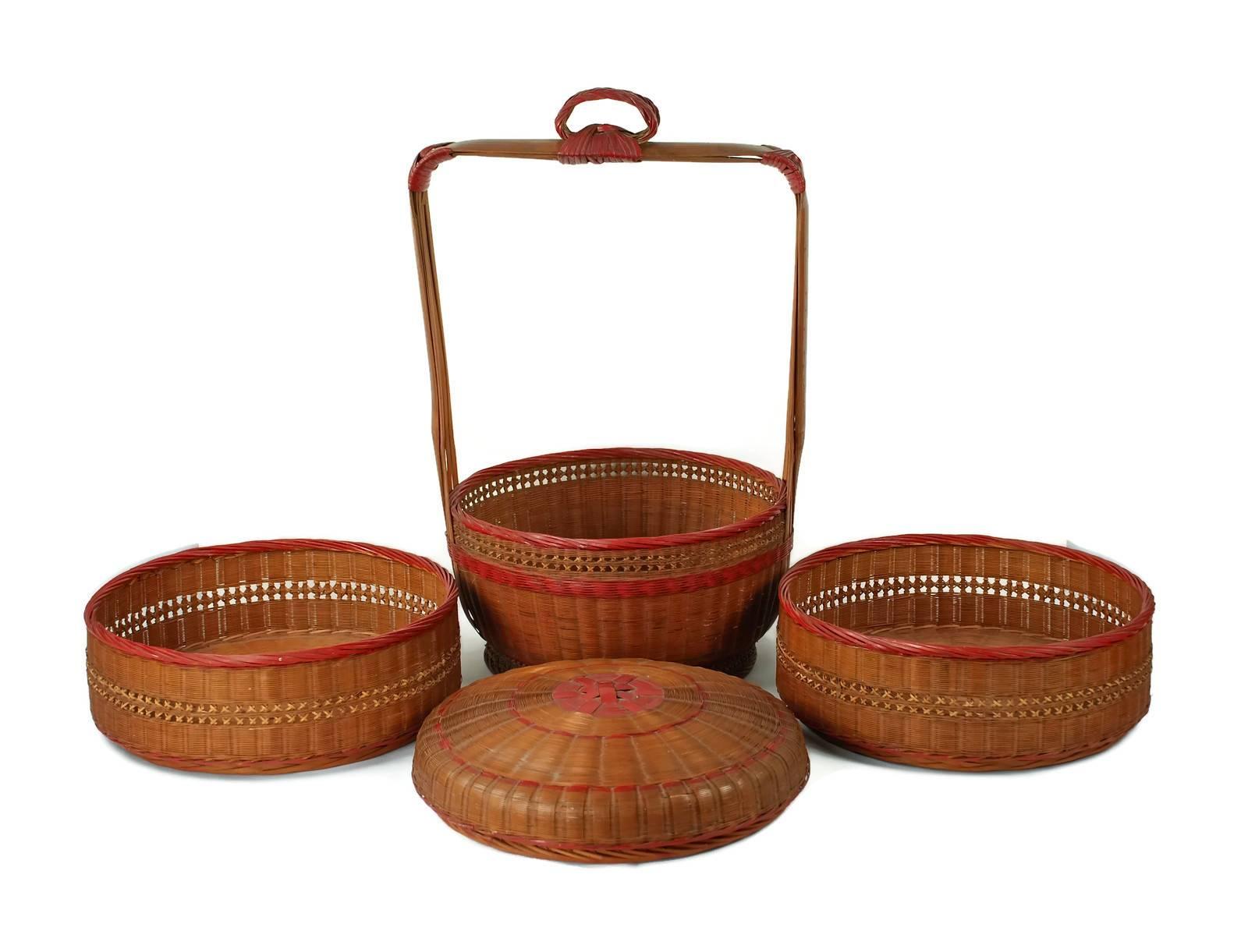 Painted Pair of Early 20th Century Japanese Woven Bamboo Tiered Wedding Baskets