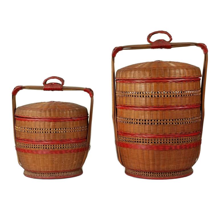 Pair of Early 20th Century Japanese Woven Bamboo Tiered Wedding Baskets at 1stDibs