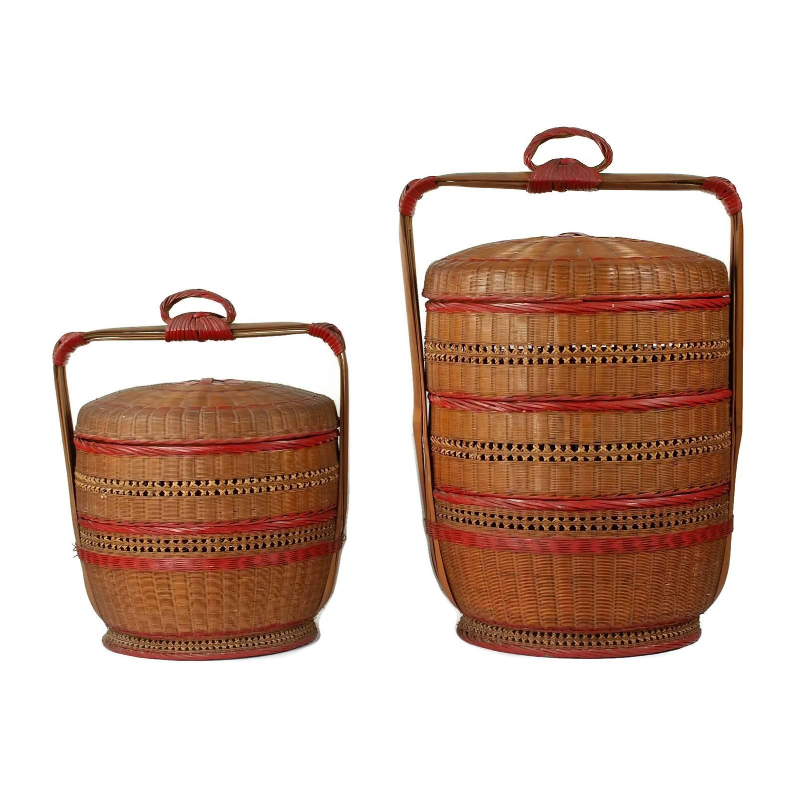 Pair of Early 20th Century Japanese Woven Bamboo Tiered Wedding Baskets