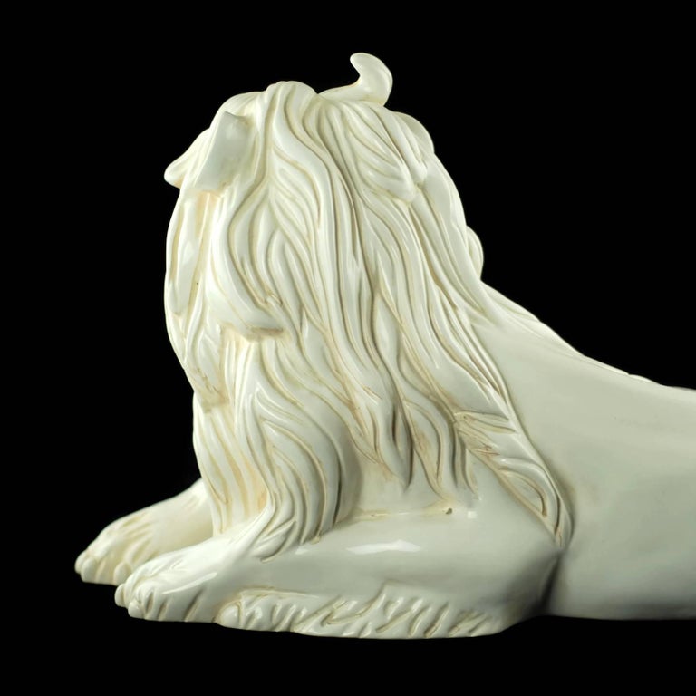 Mexican Mottahedeh White Glazed Majolica Recumbent Lion Figure after Kaendler For Sale