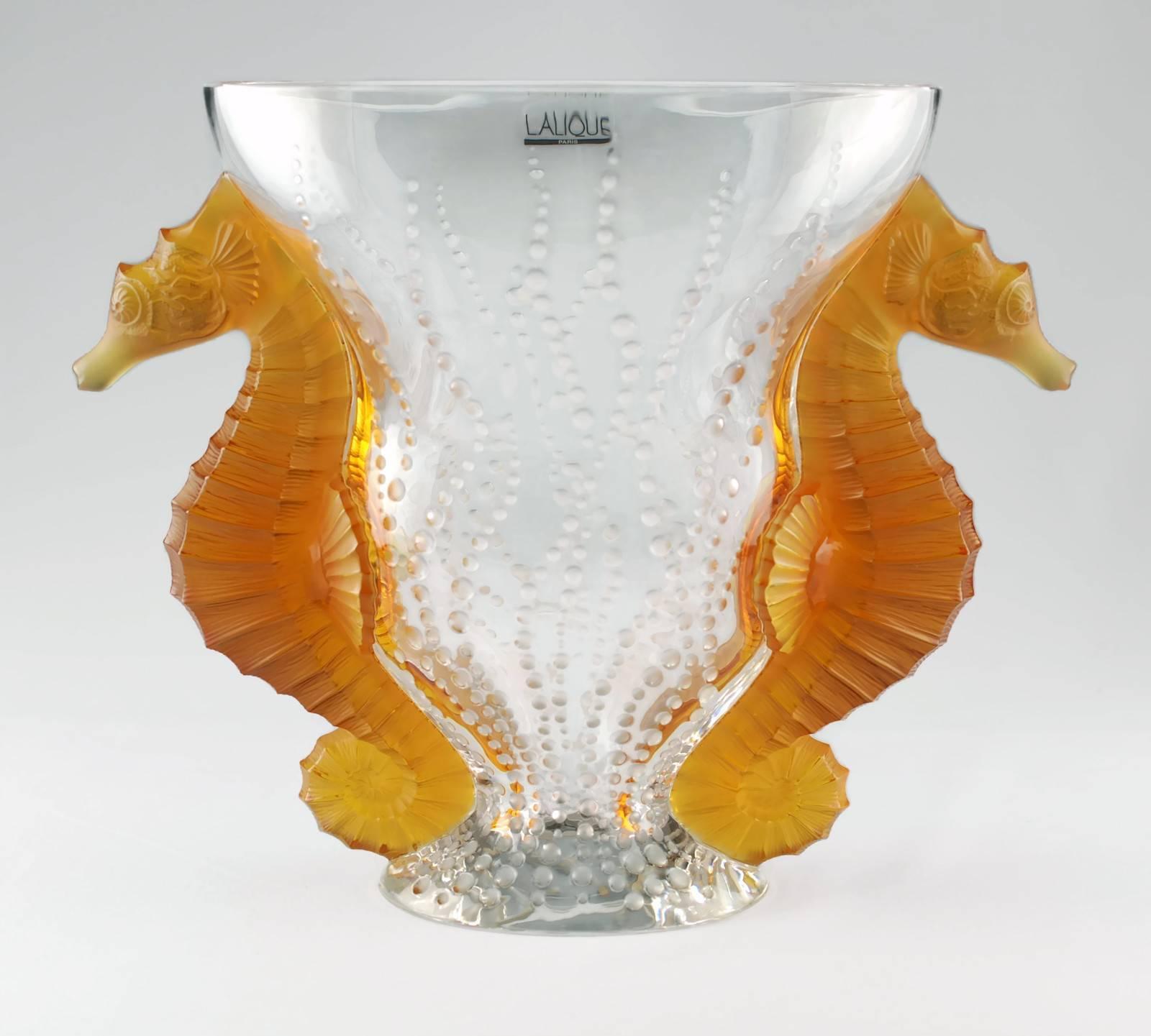 French Lalique Limited Edition Poseidon Vase with Amber Seahorse Motif