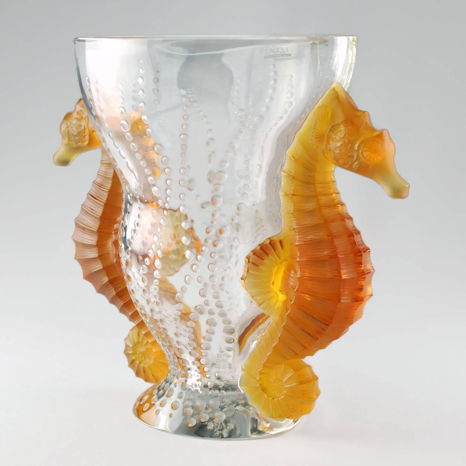 Lalique Limited Edition Poseidon Vase with Amber Seahorse Motif In Excellent Condition In Cincinnati, OH