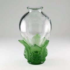 Lalique Signed and Numbered Limited Edition Clear and Satin Green Vase Pivoines