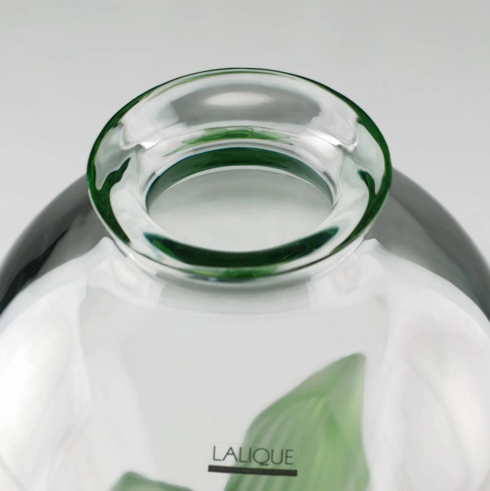Crystal Lalique Signed and Numbered Limited Edition Clear and Satin Green Vase Pivoines