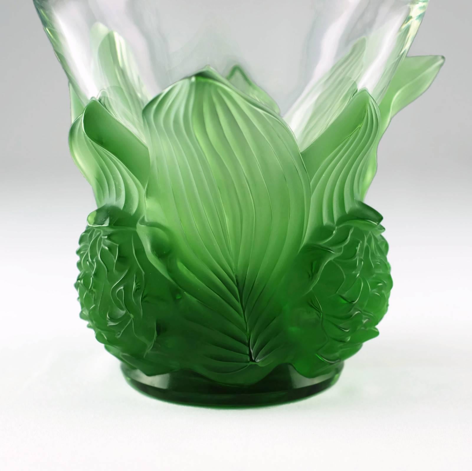 French Lalique Signed and Numbered Limited Edition Clear and Satin Green Vase Pivoines