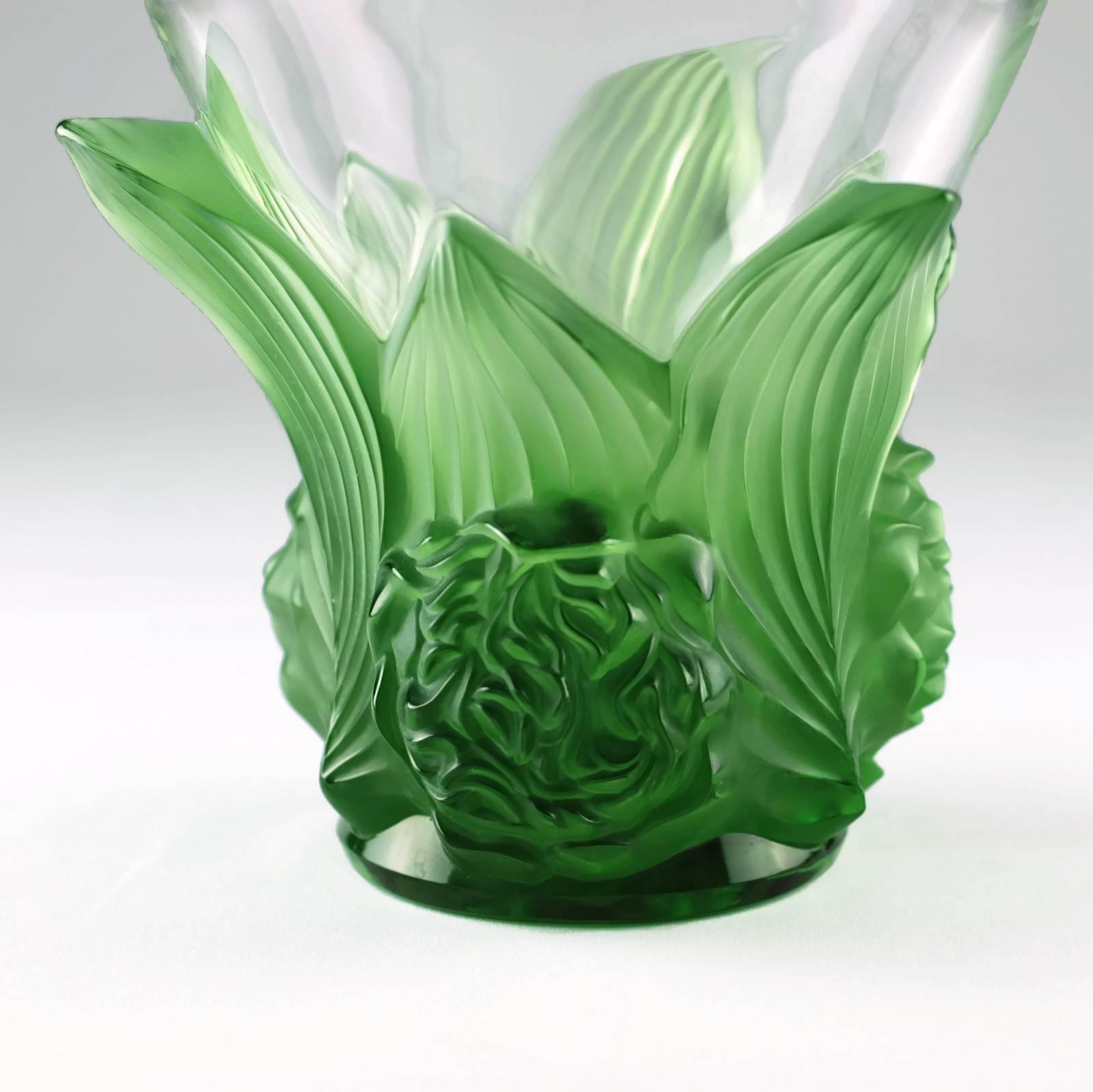 Lalique Signed and Numbered Limited Edition Clear and Satin Green Vase Pivoines In Excellent Condition In Cincinnati, OH