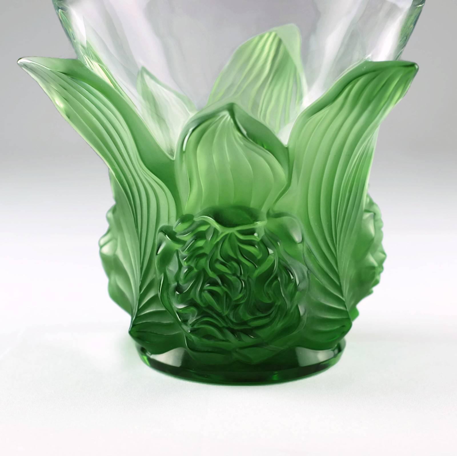 Other Lalique Signed and Numbered Limited Edition Clear and Satin Green Vase Pivoines