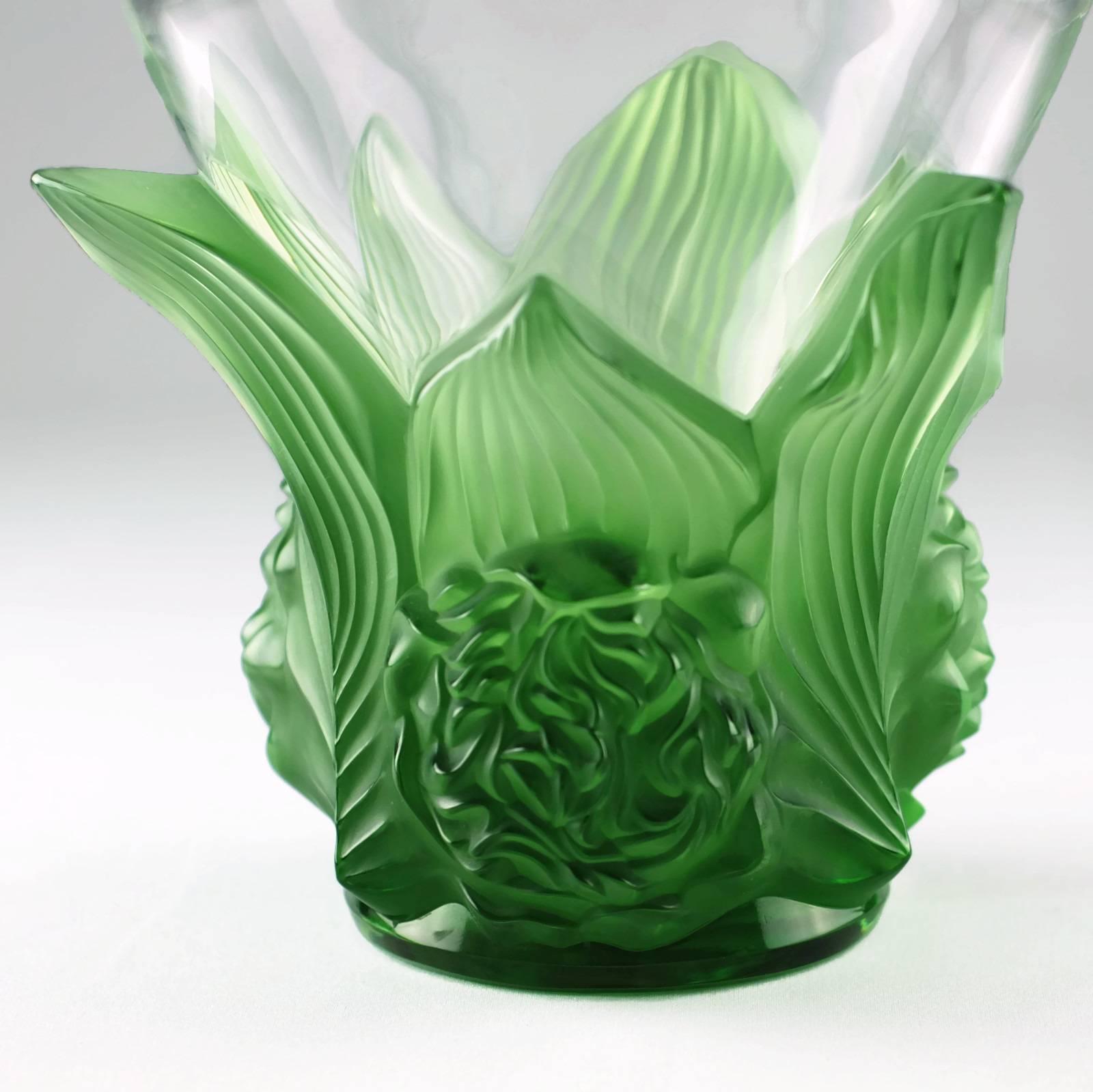 Contemporary Lalique Signed and Numbered Limited Edition Clear and Satin Green Vase Pivoines