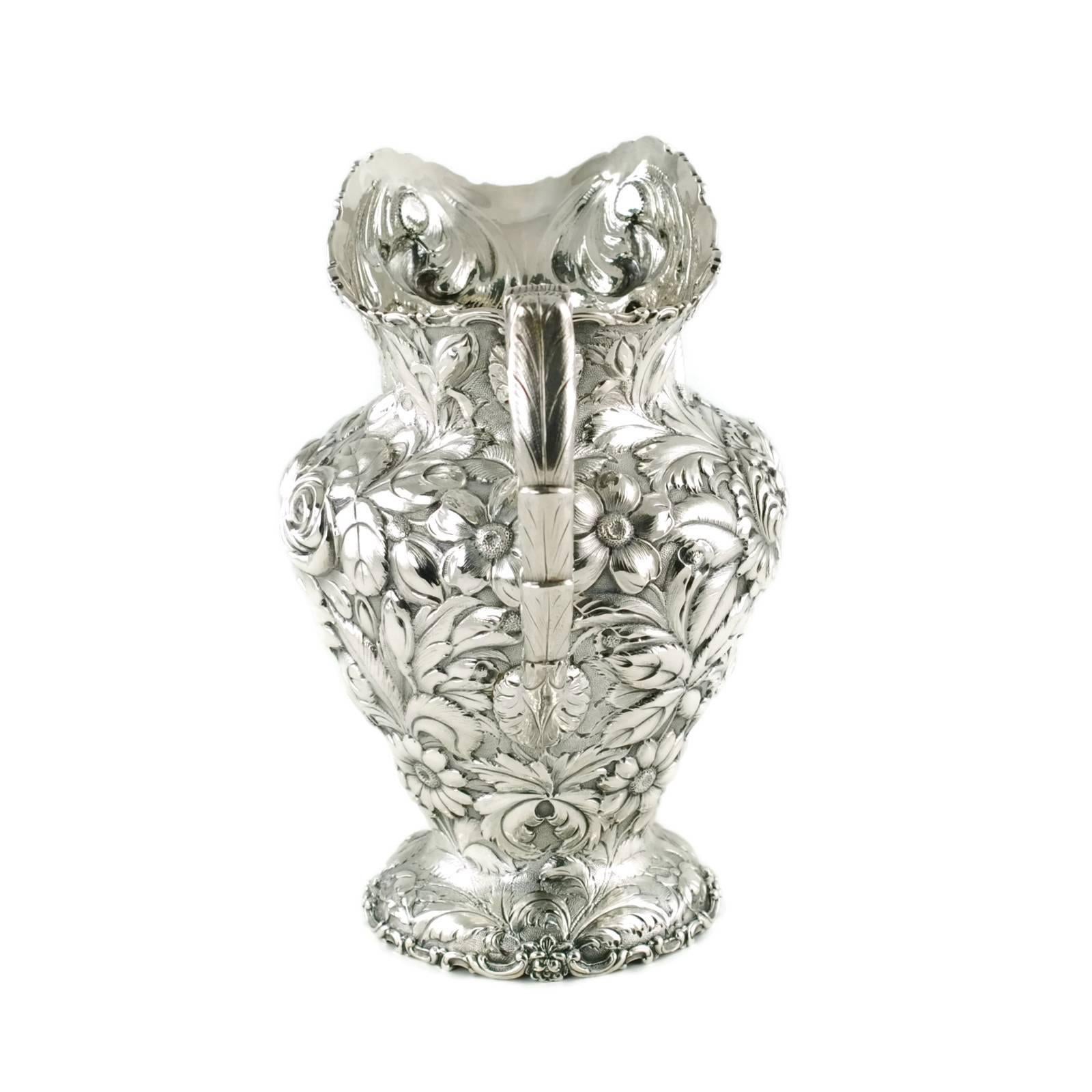 Art Nouveau Antique Stieff Repousse Sterling Silver Water Pitcher