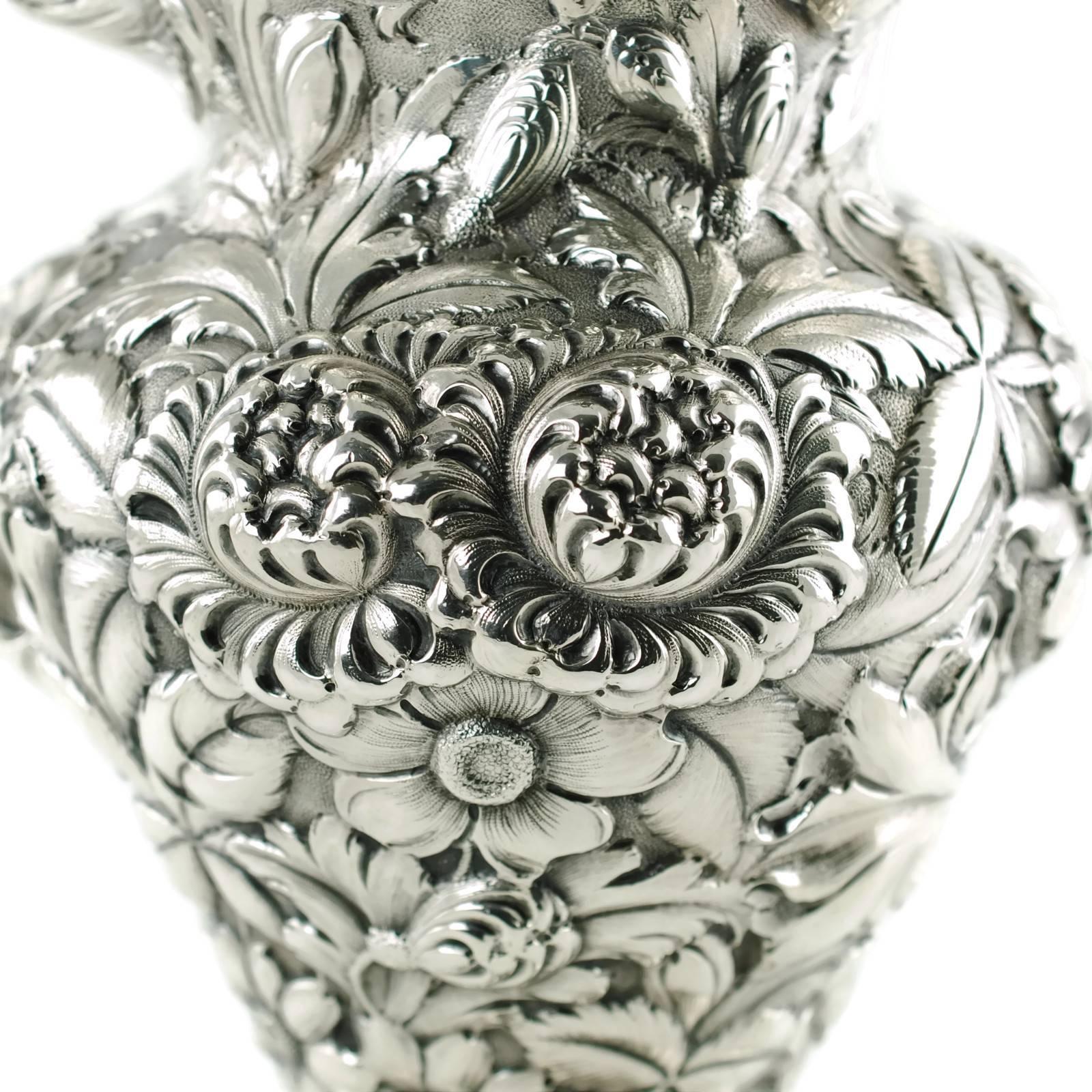 Antique Stieff Repousse Sterling Silver Water Pitcher In Excellent Condition In Cincinnati, OH