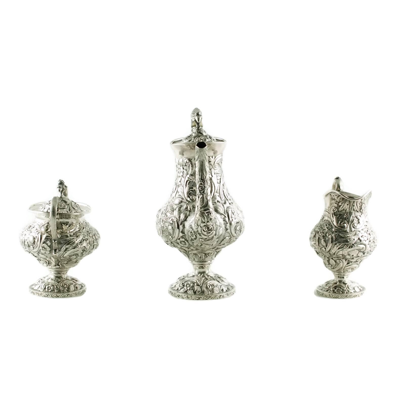 Sterling Silver Loring Andrews Three-Piece Repousse Castle Pattern Tea Set 1