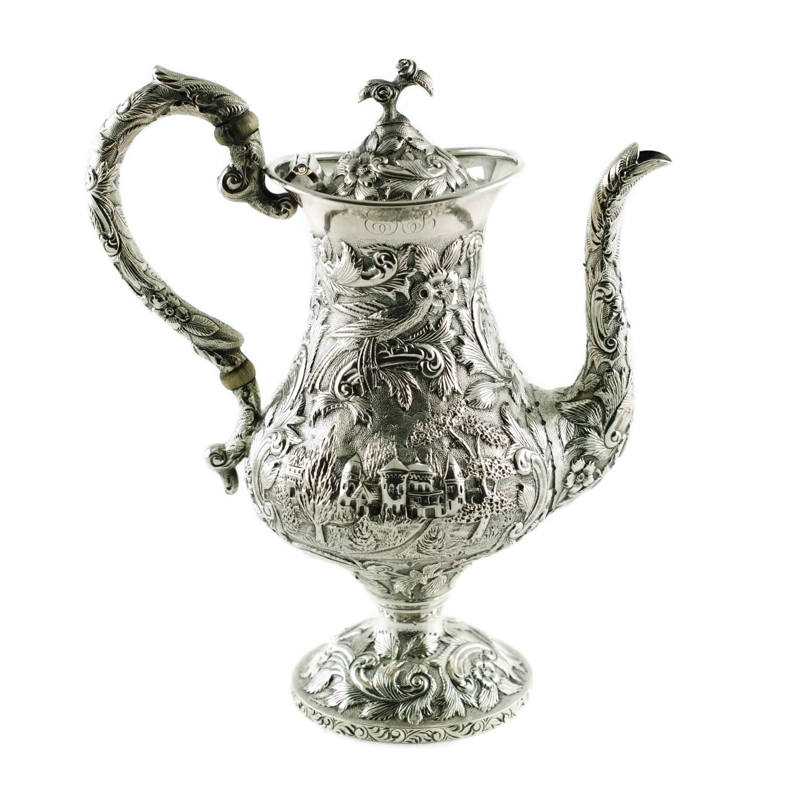 Repoussé Sterling Silver Loring Andrews Three-Piece Repousse Castle Pattern Tea Set