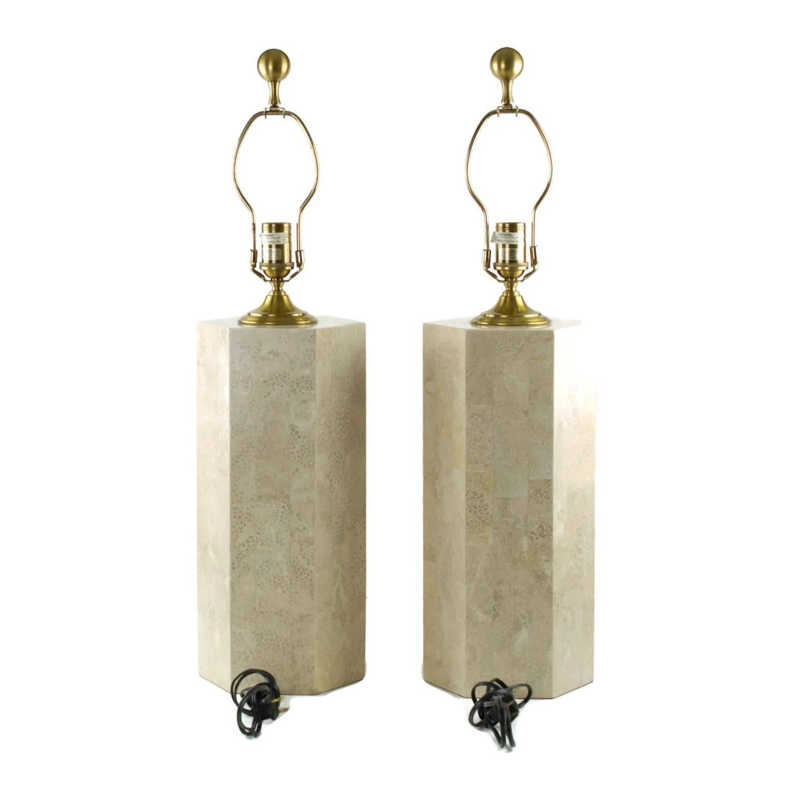 Modern Pair of Wildwood Tessellated Stone Table Lamps with Brass Trim