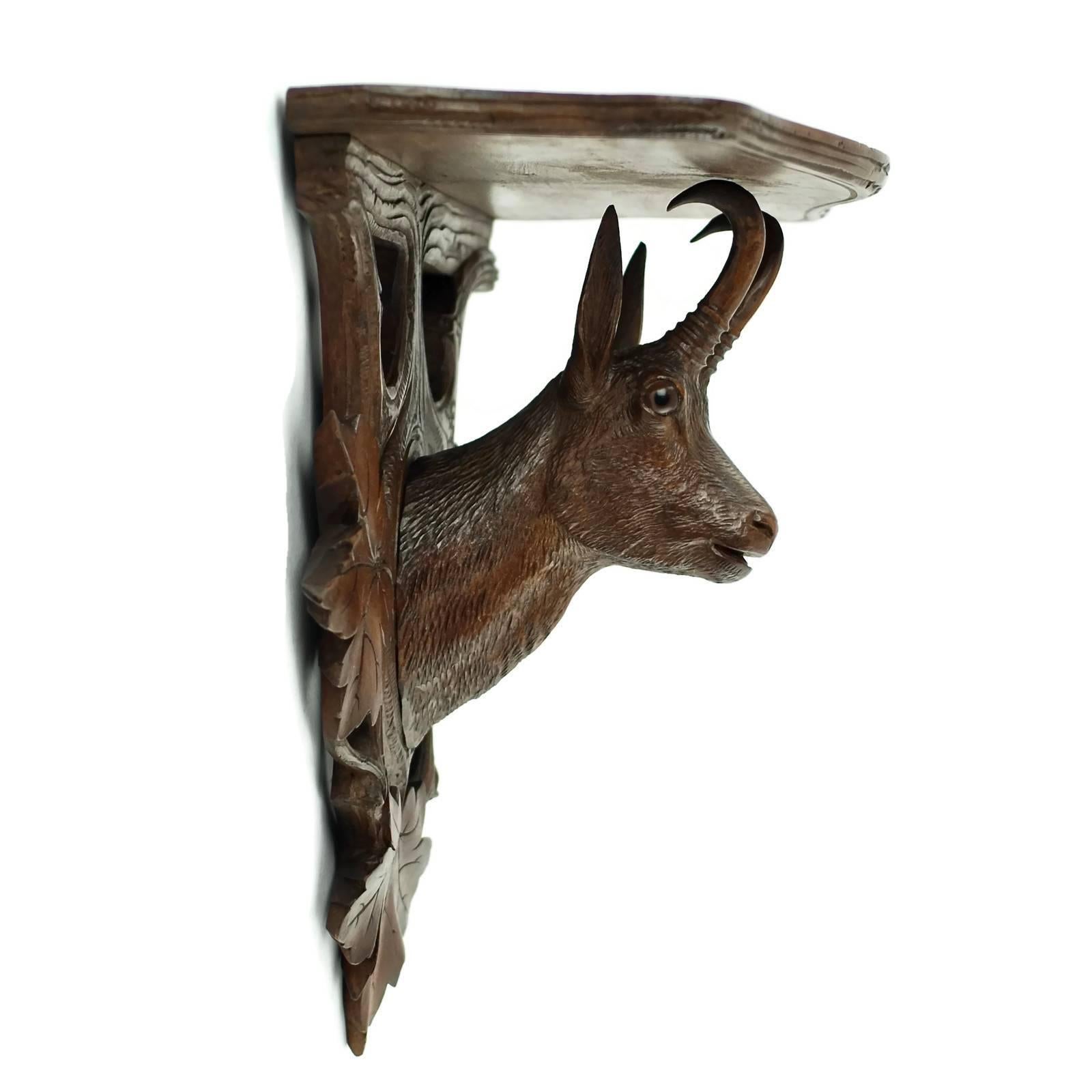 This beautifully carved late 19th century Black Forest wall shelf features a highly detailed dimensional chamois head with curved horns and polished glass eyes. The chamois head is mounted on a plaque and is located at the center of a grouping of