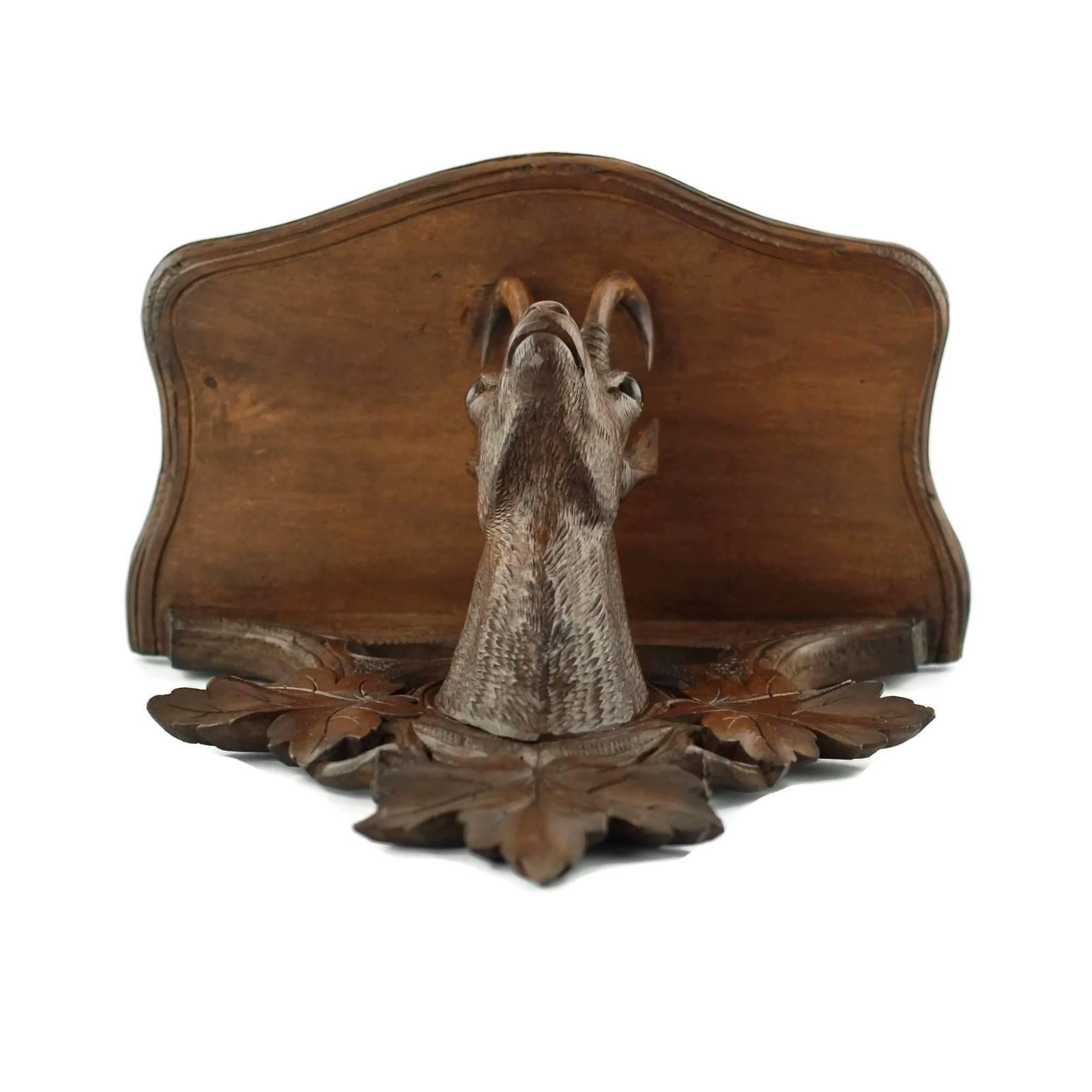 Late 19th Century 19th Century Black Forest Carved Chamois Head Wall Shelf with Foliate Detail