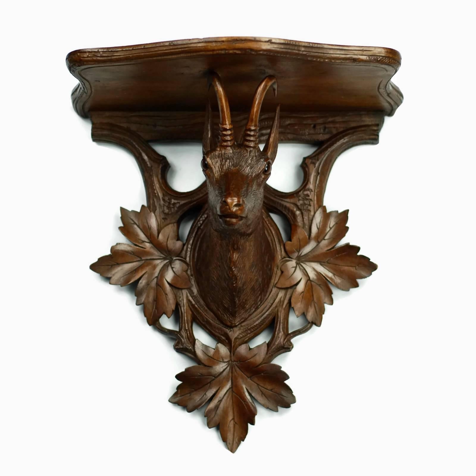 19th Century Black Forest Carved Chamois Head Wall Shelf with Foliate Detail 2