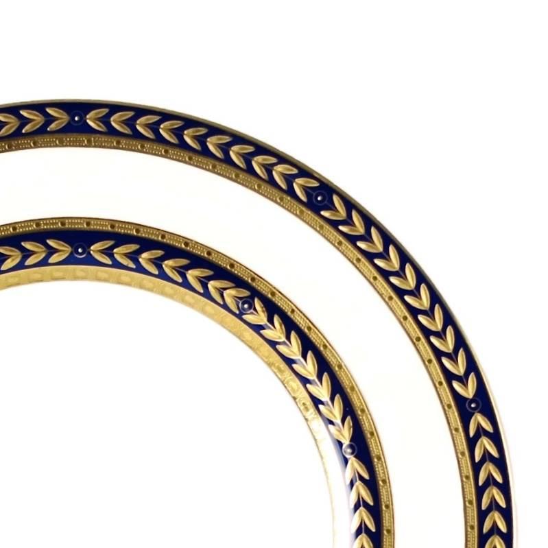 Neoclassical 12 Mintons for Tiffany Dinner Plates with Cobalt Bands and Raised Gilt Trim
