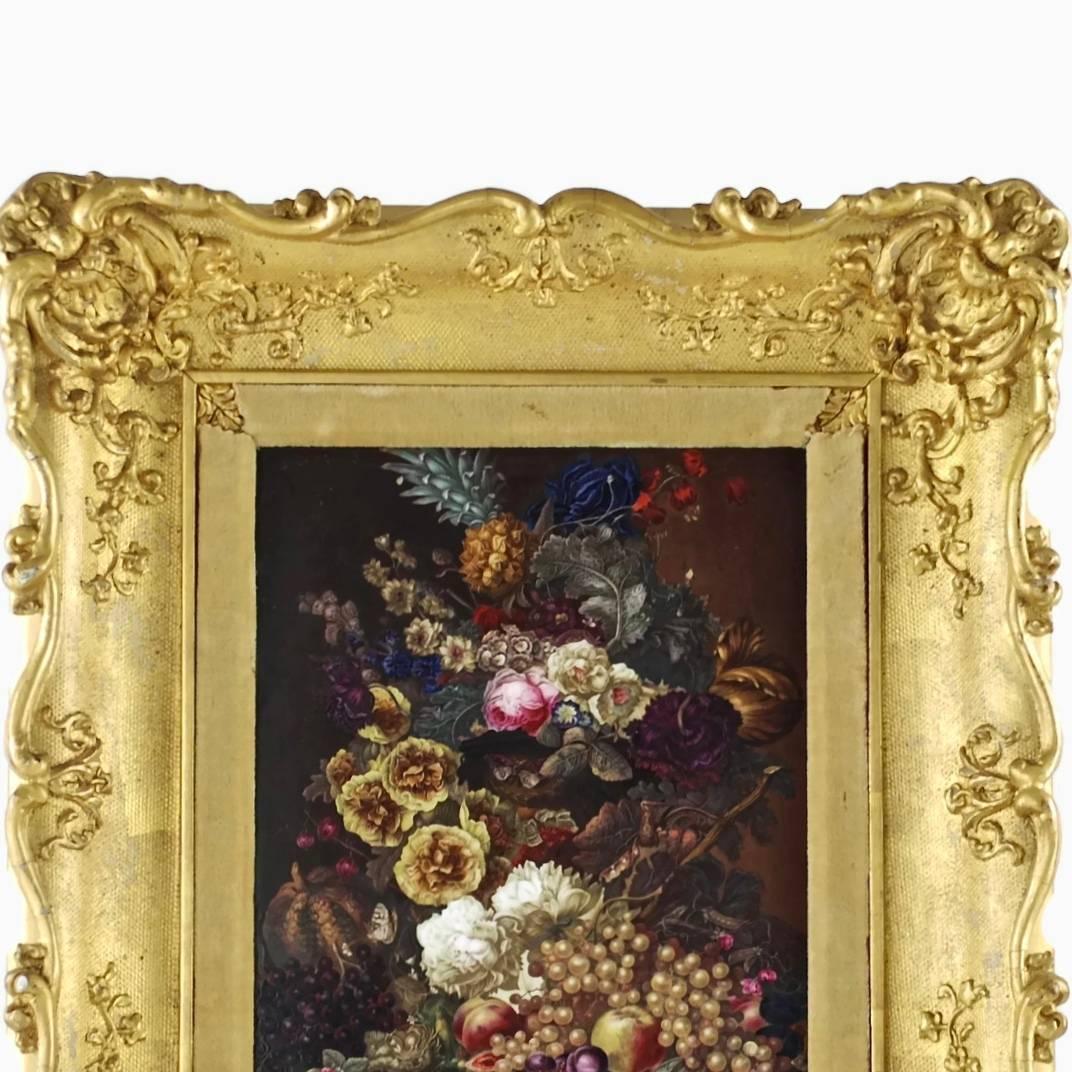 English Thomas Brentnall Still Life with Fruit and Flowers in Carved Giltwood Frame