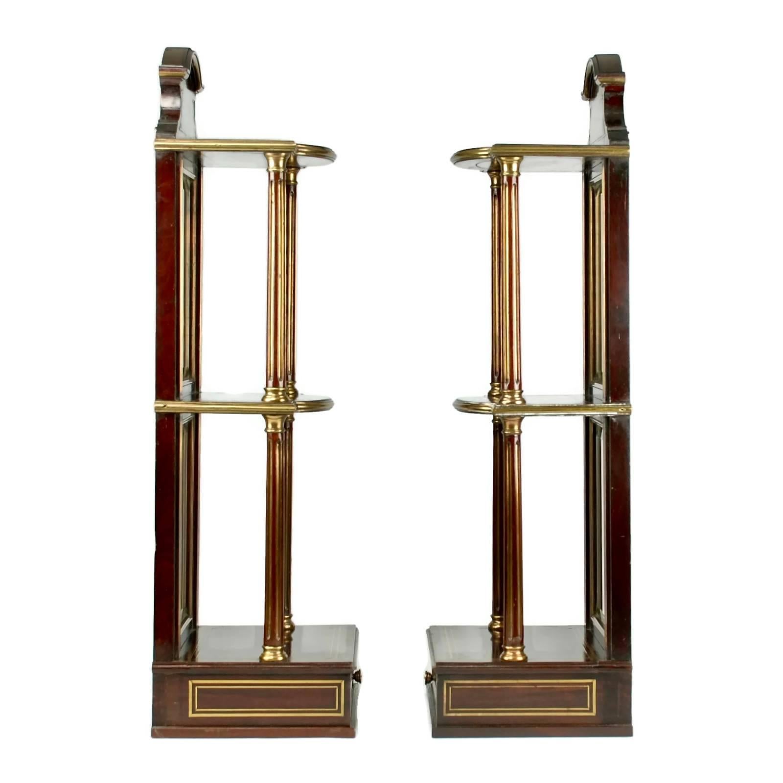 Beveled 19th Century Pair of French Empire Mahogany and Brass Mirrored Wall Shelves