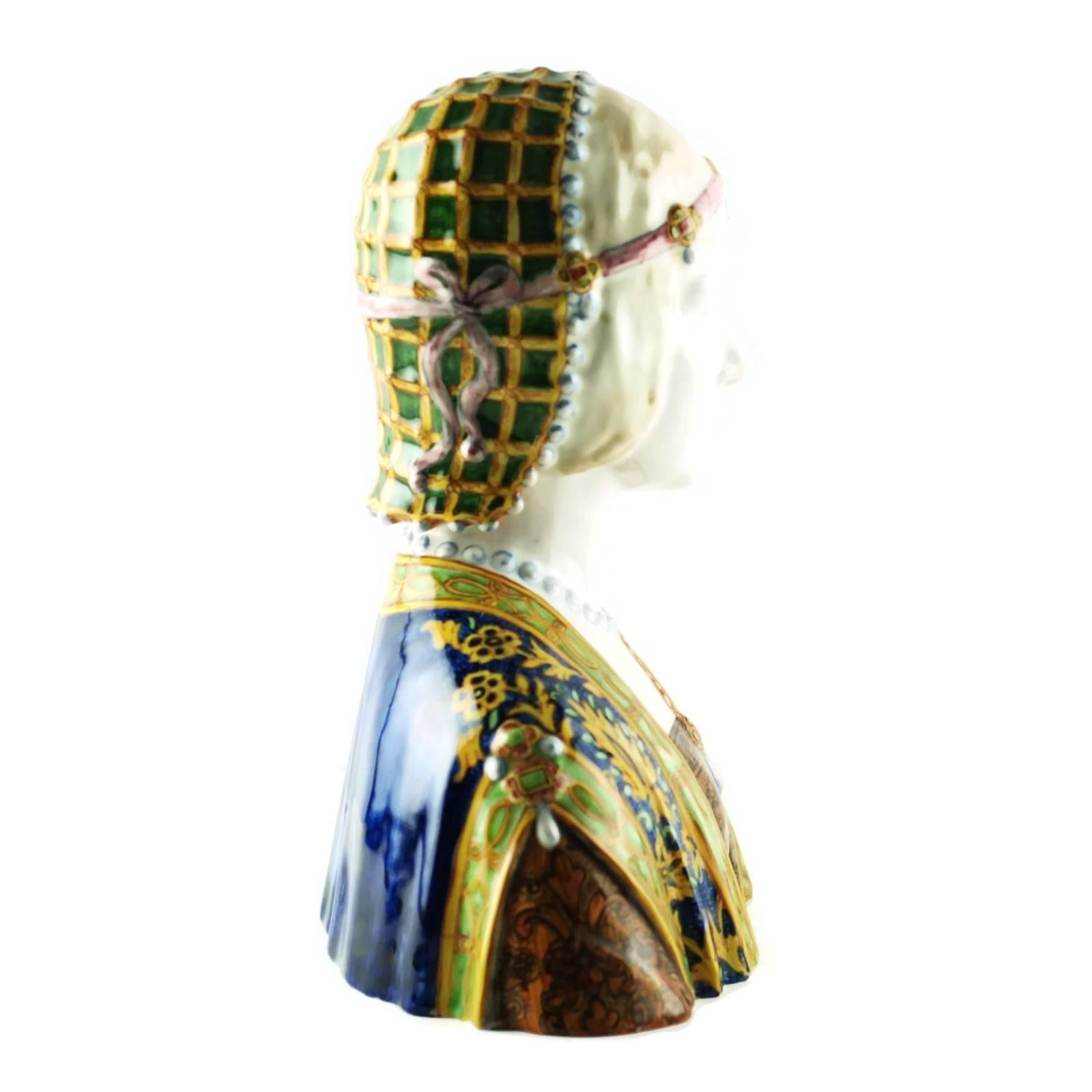 Italian Angelo Minghetti Hand-Painted Majolica Bust