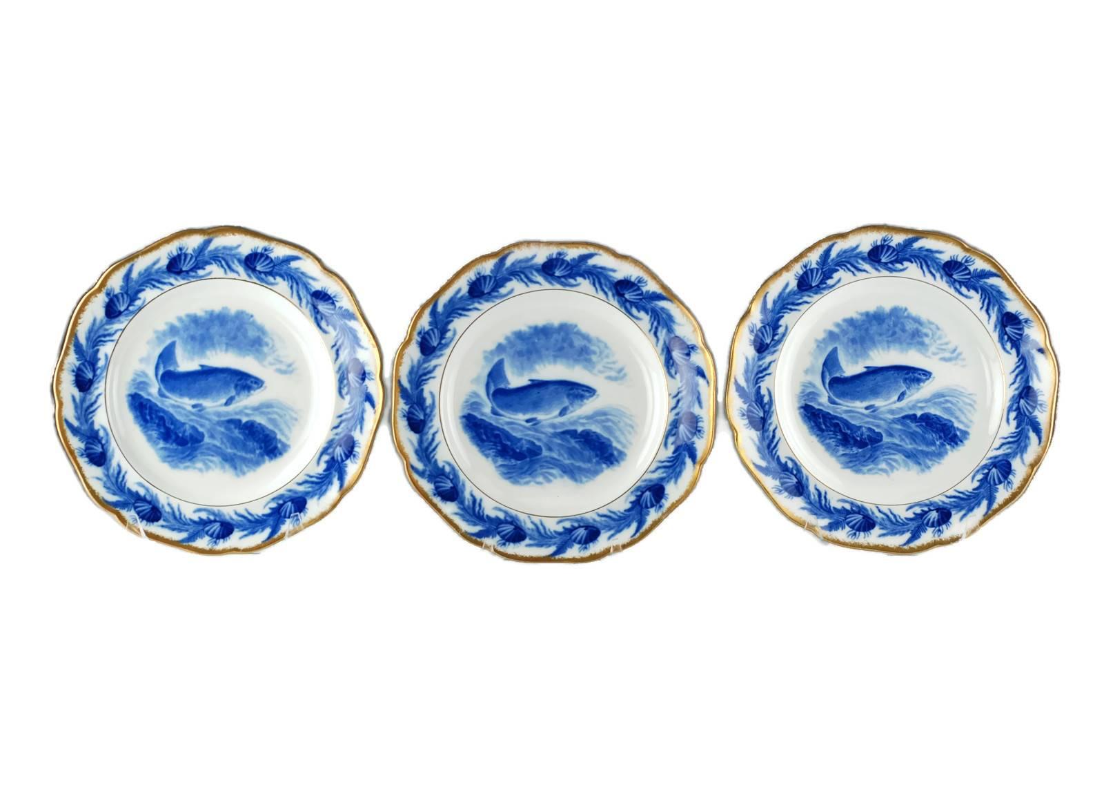 Set of 12 Gilt Edged Cauldon England Flow Blue Fish Plates with Oval Platter 1