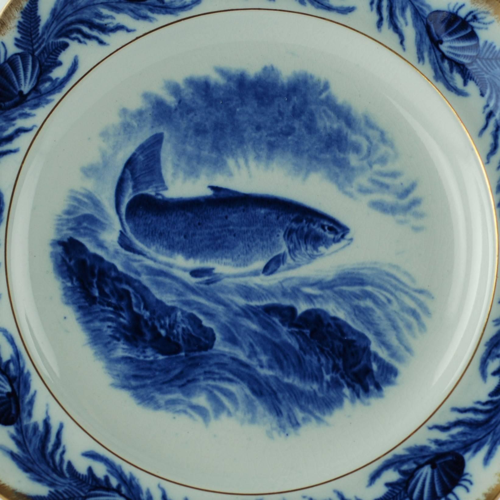 Great Britain (UK) Set of 12 Gilt Edged Cauldon England Flow Blue Fish Plates with Oval Platter