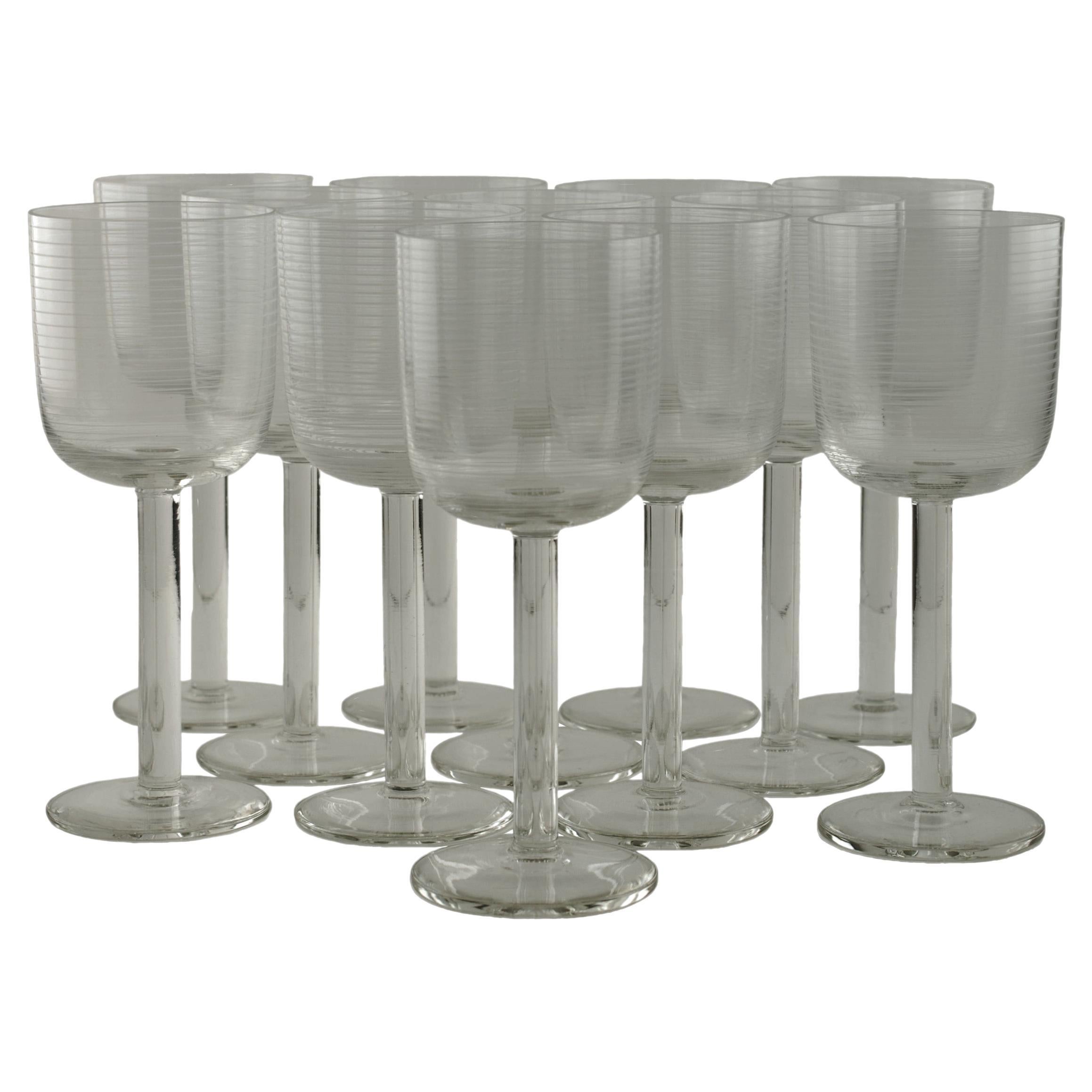 Handblown Clear Venetian Glass Goblets with Threaded Decoration Set of 12 For Sale
