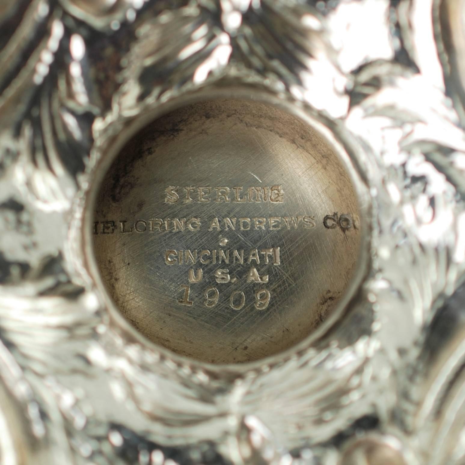 Sterling Silver Loring Andrews Three-Piece Repousse Castle Pattern Tea Set 2