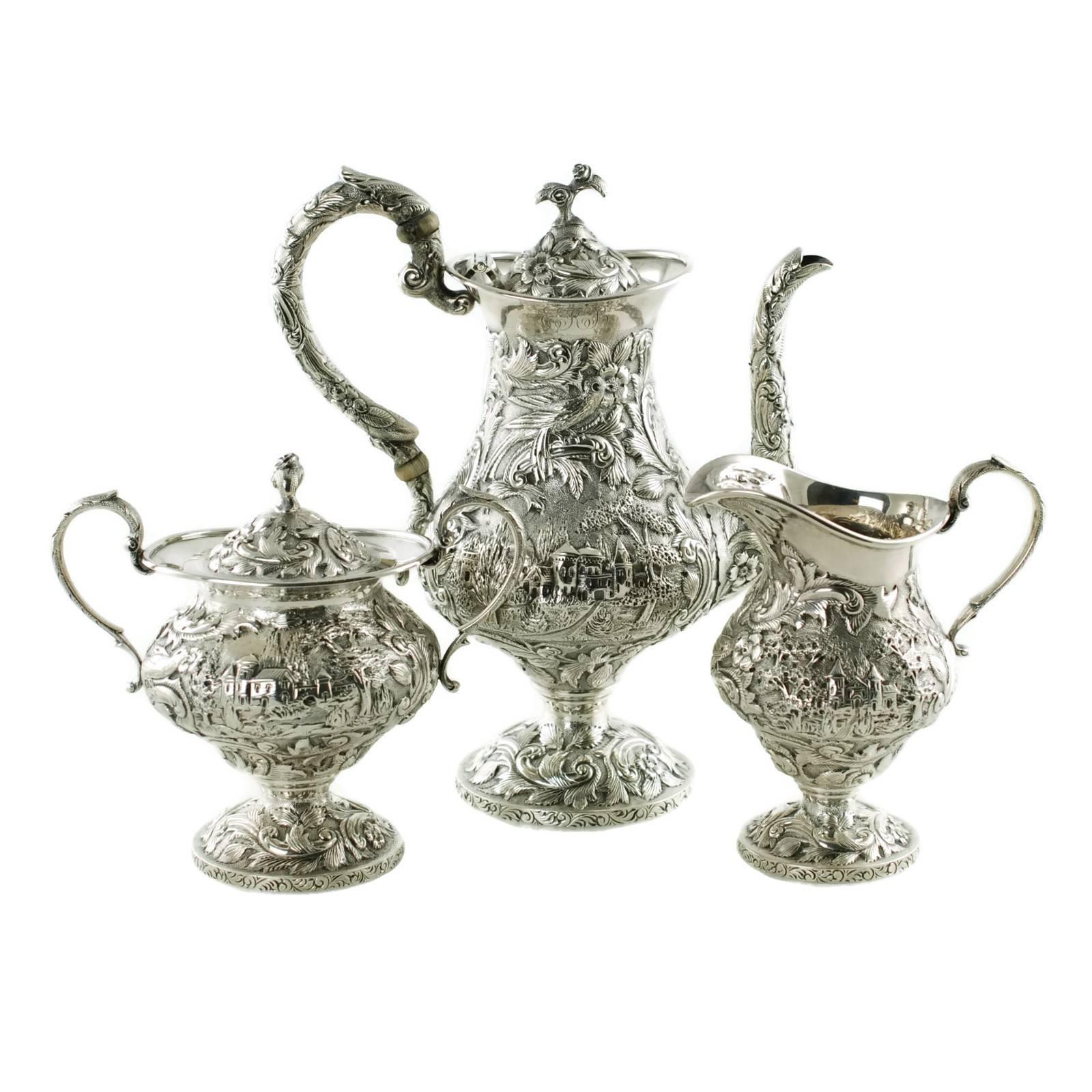 Sterling Silver Loring Andrews Three-Piece Repousse Castle Pattern Tea Set 3