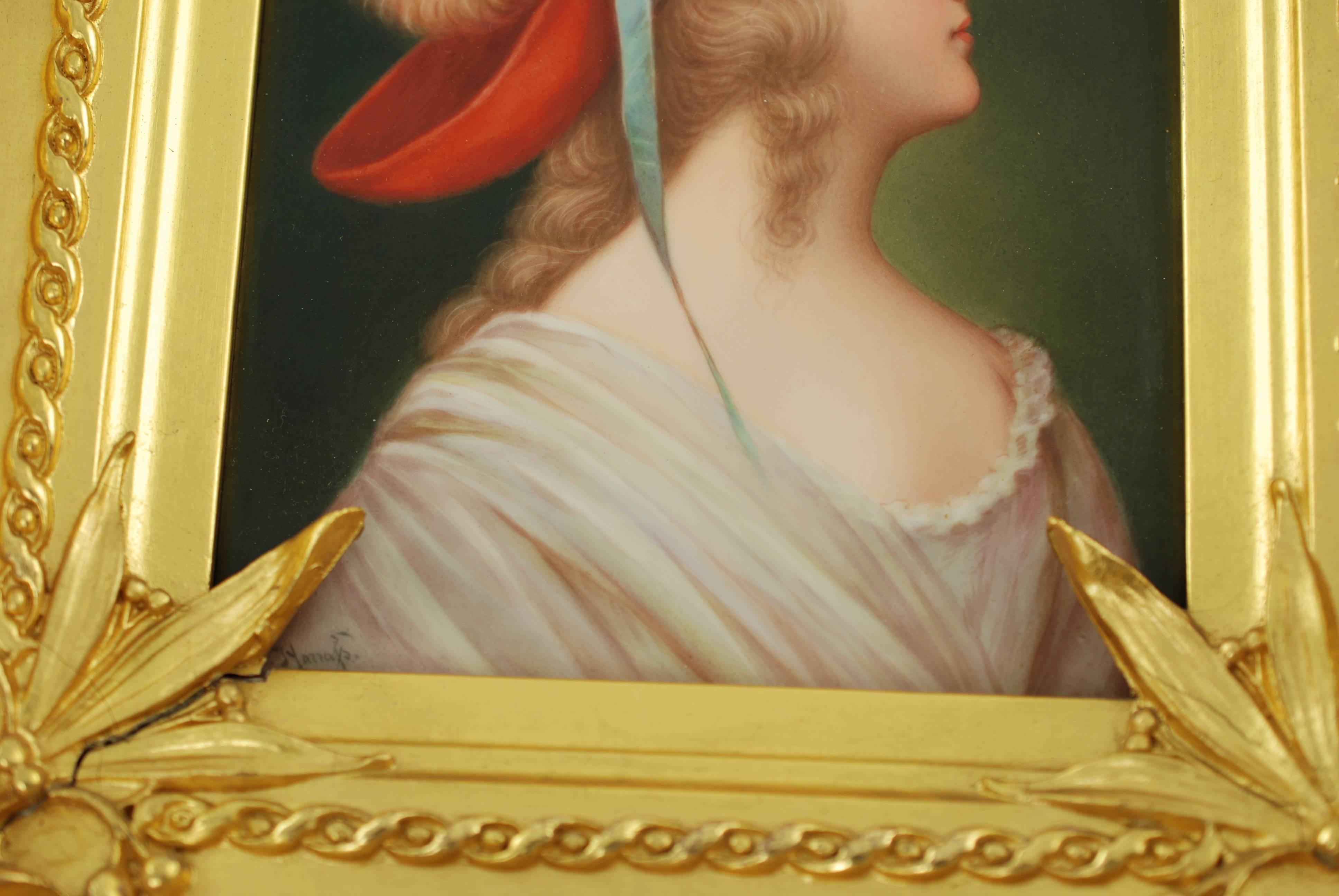 German 19th Century Hand-Painted KPM Porcelain Portrait Plaque in Giltwood Frame