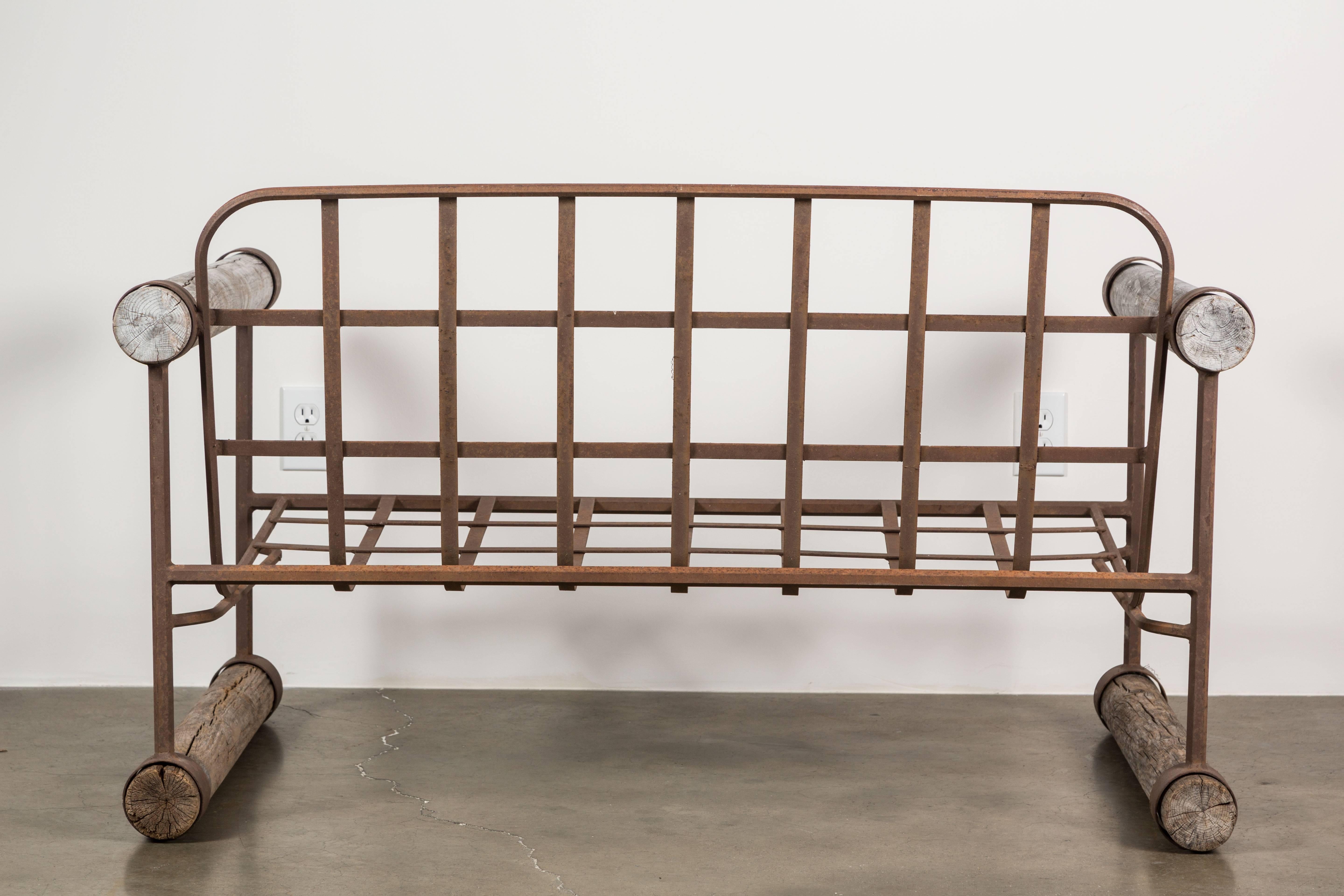 Mid-20th Century Modernist Iron and Wood Outdoor Settee 